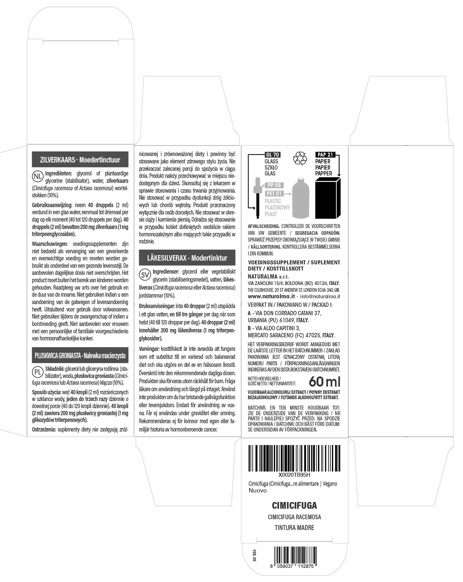 Cimicifuga racemosa Tintura Madre analcoolica Naturalma - Estratto liquido gocce 60 ml - Integratore alimentare Vegano