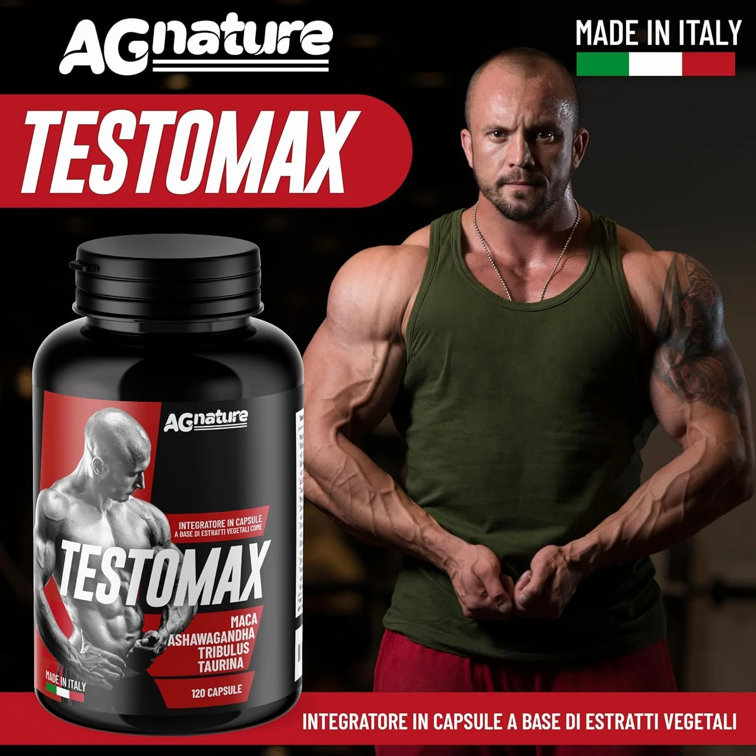 AG nature Testosterone Uomo Aumento Massa Muscolare x Palestra 120 Capsule | Integratore Forte Energizzante con Maca Peruviana, Magnesio, Zinco e Vitamina B6