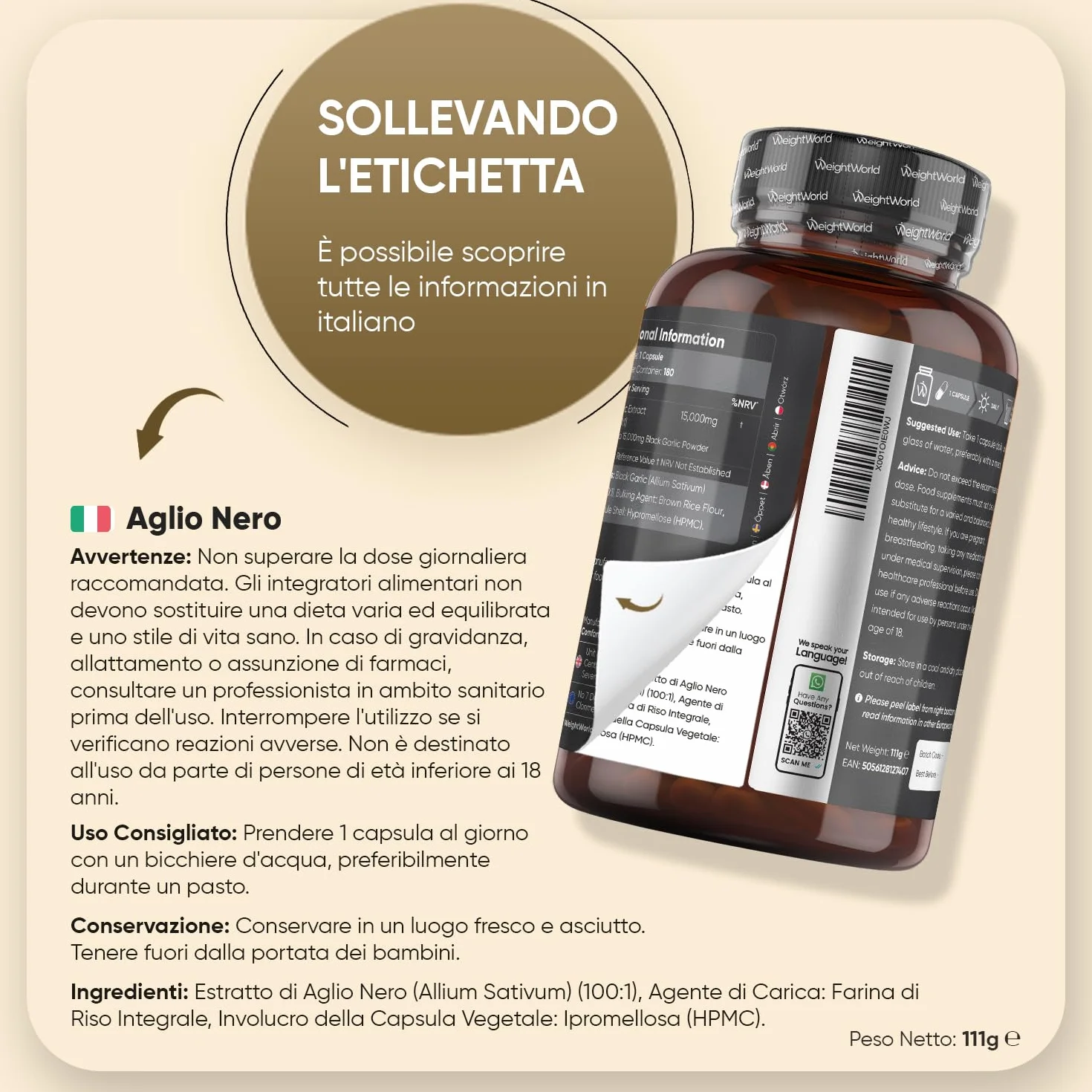 Aglio Nero Fermentato, 6 Mesi di Scorta, Estratto 100:1, 1 Sola Capsula al Giorno, Vegano, 180 Aglio Nero Capsule da 15000mg Ciascuna, da Allium Sativum, Senza Glutine, Senza Magnesio Stearato né OGM