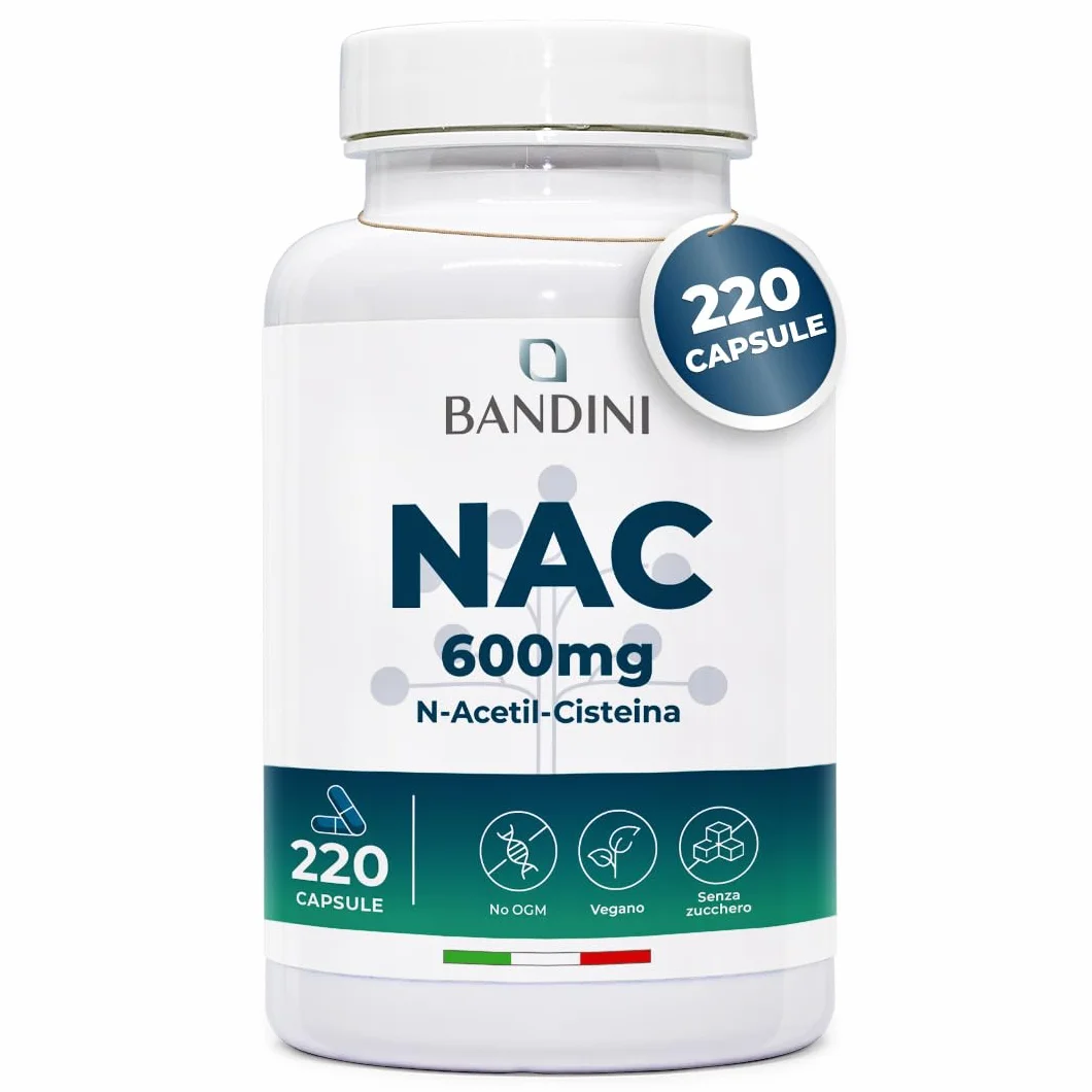 Bandini® NAC N-Acetil-Cisteina 220 Capsule 600mg (+7 Mesi),Precursore del Glutatione, Acetilcisteina 600mg, 1 Capsula al Giorno, Alto Dosaggio di N-Acetilcisteina Aumentata, Integratore 100% Vegano