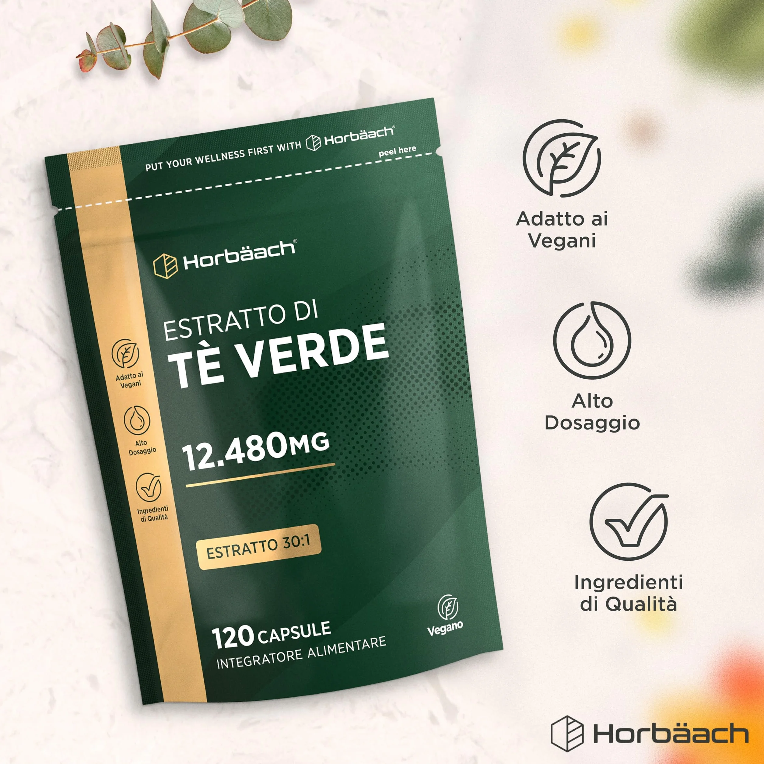 Tè Verde Capsule 12480mg | 120 Capsule Vegane | Estratto di Te Verde Integratore in Polvere | Alto Dosaggio | Green Tea Extract | di Horbaach