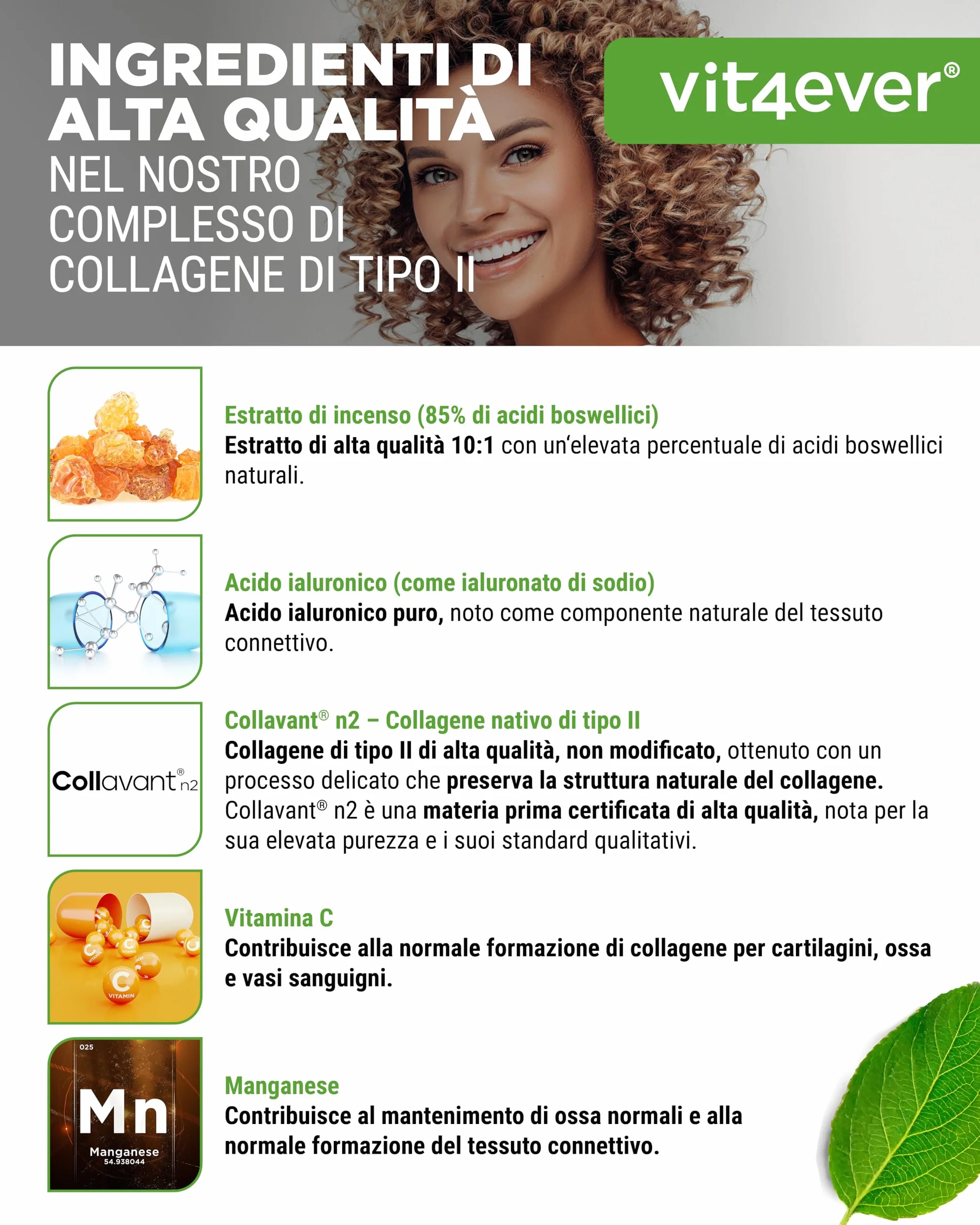Complesso Collagene di tipo II con Collavant n2®, acido ialuronico, vitamina C, manganese per ossa e articolazioni