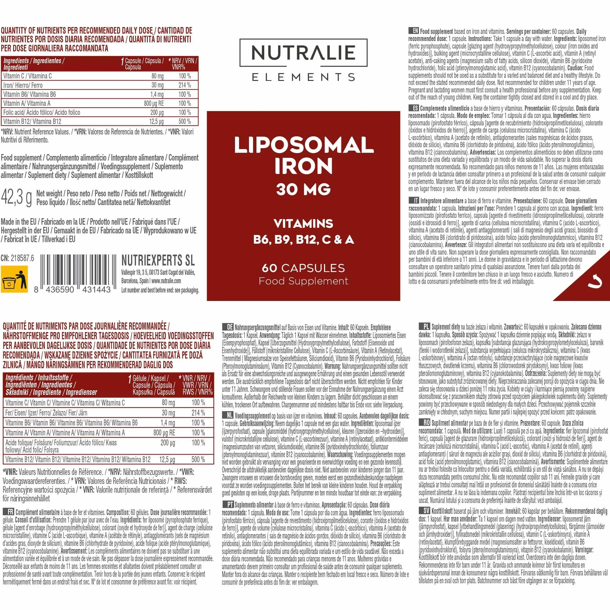 Ferro Liposomiale 30mg Stanchezza e Affaticamento - Con Vitamina C, B12, Acido Folico, A e B6 - Integratore di Ferro - 60 Capsule Liposomal Iron Nutralie