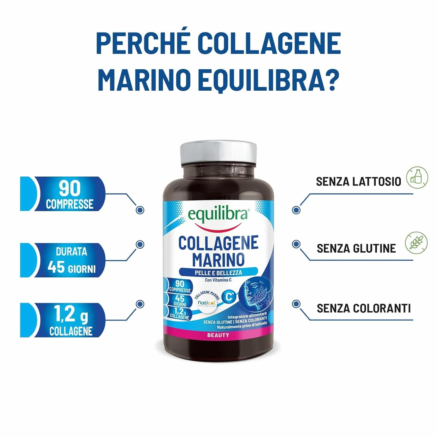 Equilibra Collagene Marino Idrolizzato Naticol 90 Compresse 1200 mg Collagene 80 mg Vitamina C Tipo I e III