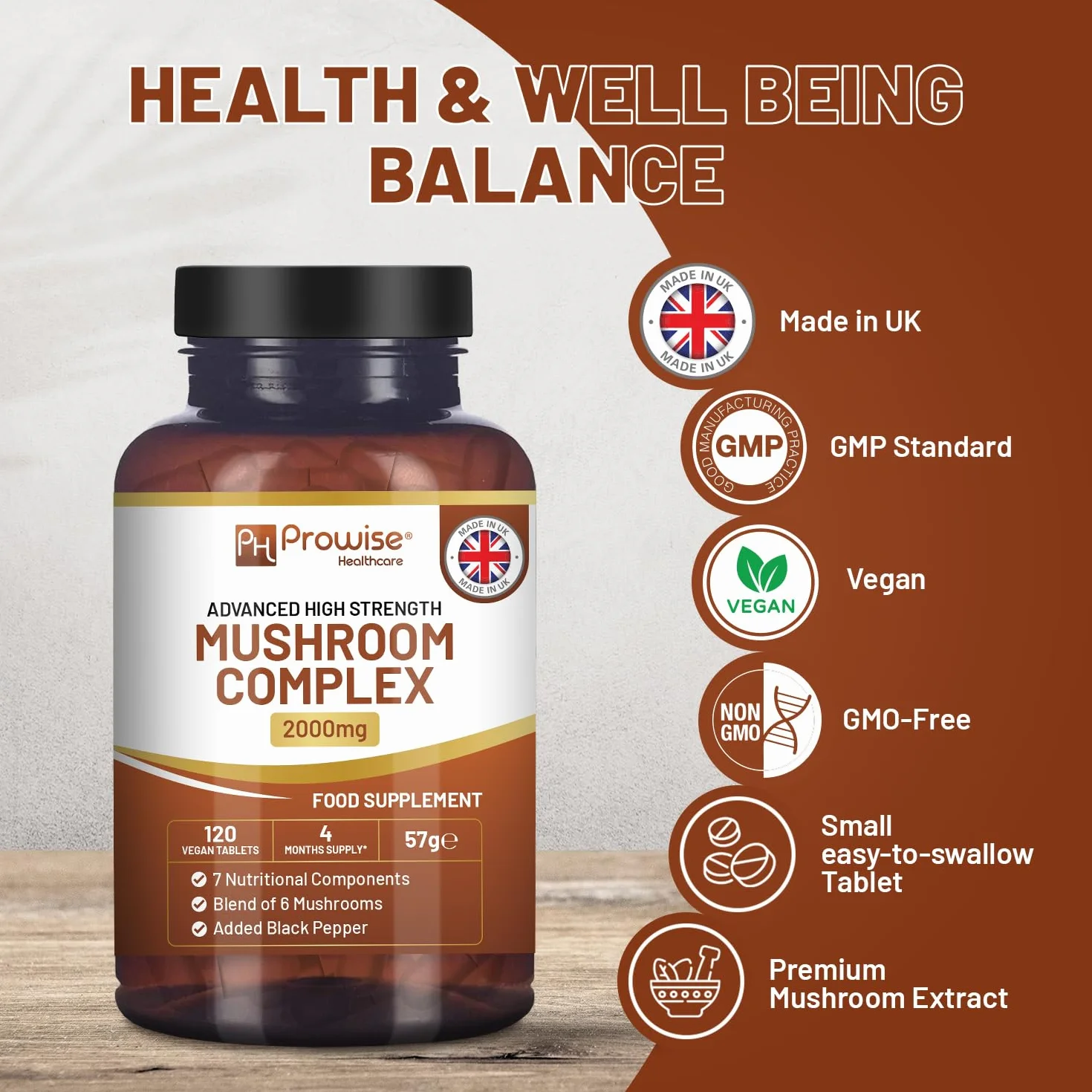 Advanced Mushroom Complex 2000mg | Una super miscela di 6 funghi con criniera di leone, chaga, cordyceps, shiitake, reishi e maitake con pepe nero | 120 compresse vegane ad alta resistenza