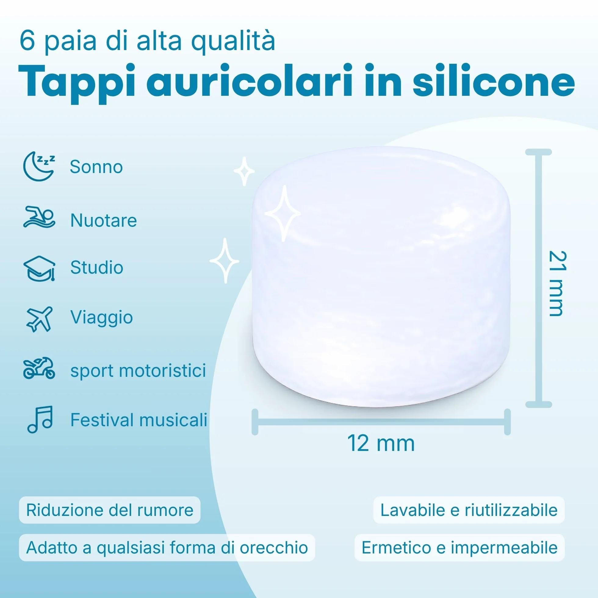 Tappi Orecchie per Dormire Medi Grade [6 Paia] - Tappi per Orecchie Antirumore, Insonorizzanti - Riduzione del Rumore, Ideali per Dormire, Studiare
