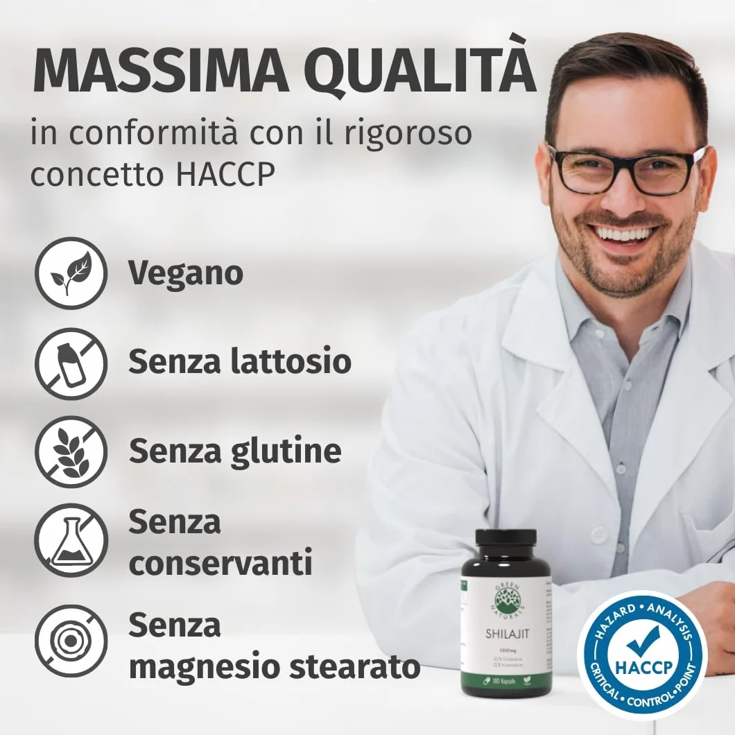Green Naturals® Shilajit Himalaya Originale – 1.300 mg per dose giornaliera (estratto 10:1) – 50% acido fulvico & 12% acido umico – Scorta 3 mesi – 180 capsule