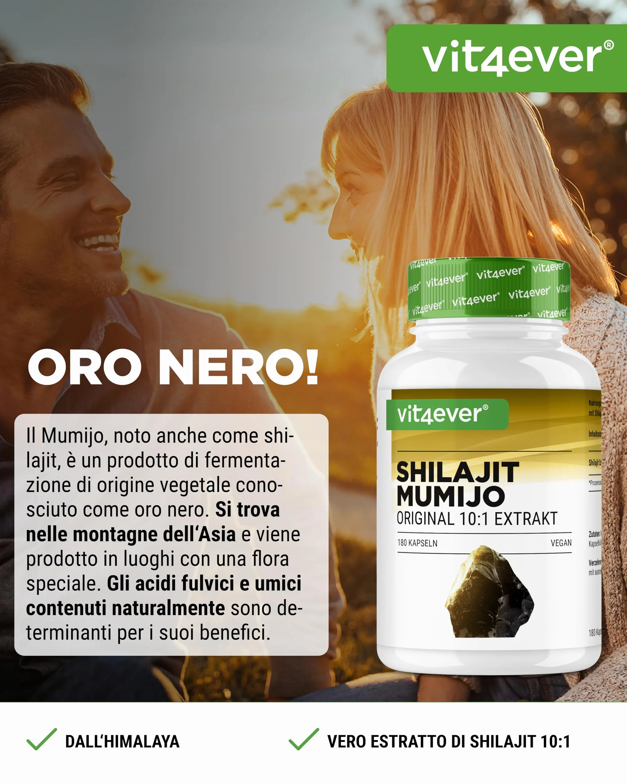 Mumijo Shilajit -180 capsule - Altamente dosato con 1500 mg per dose Giornaliera - Estratto Originale dell'Himalaya 10:1 - Senza additivi indesiderati - Vegan