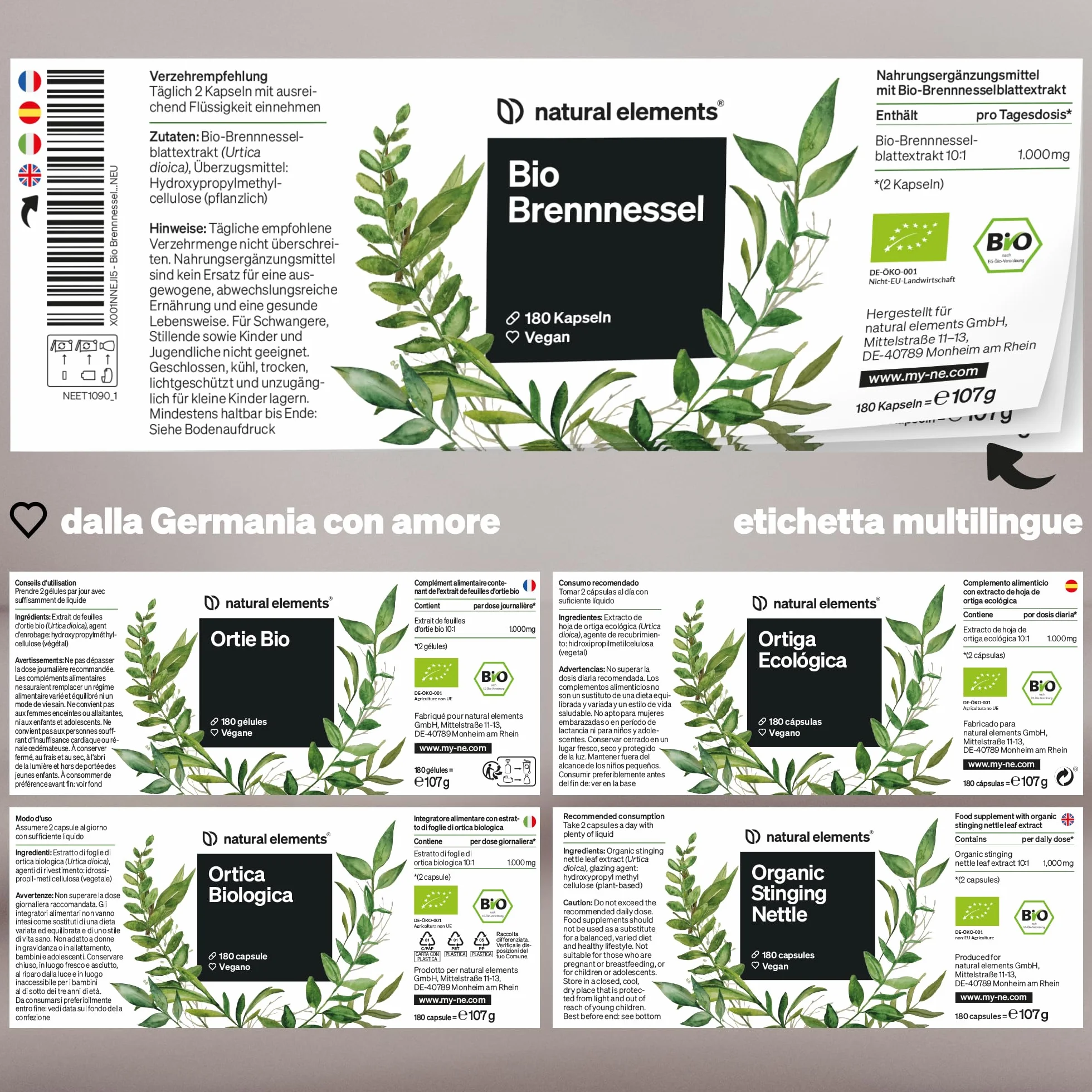 Ortica Biologica 180 capsule estratto di foglie di ortica 10:1 vegano ad alto dosaggio