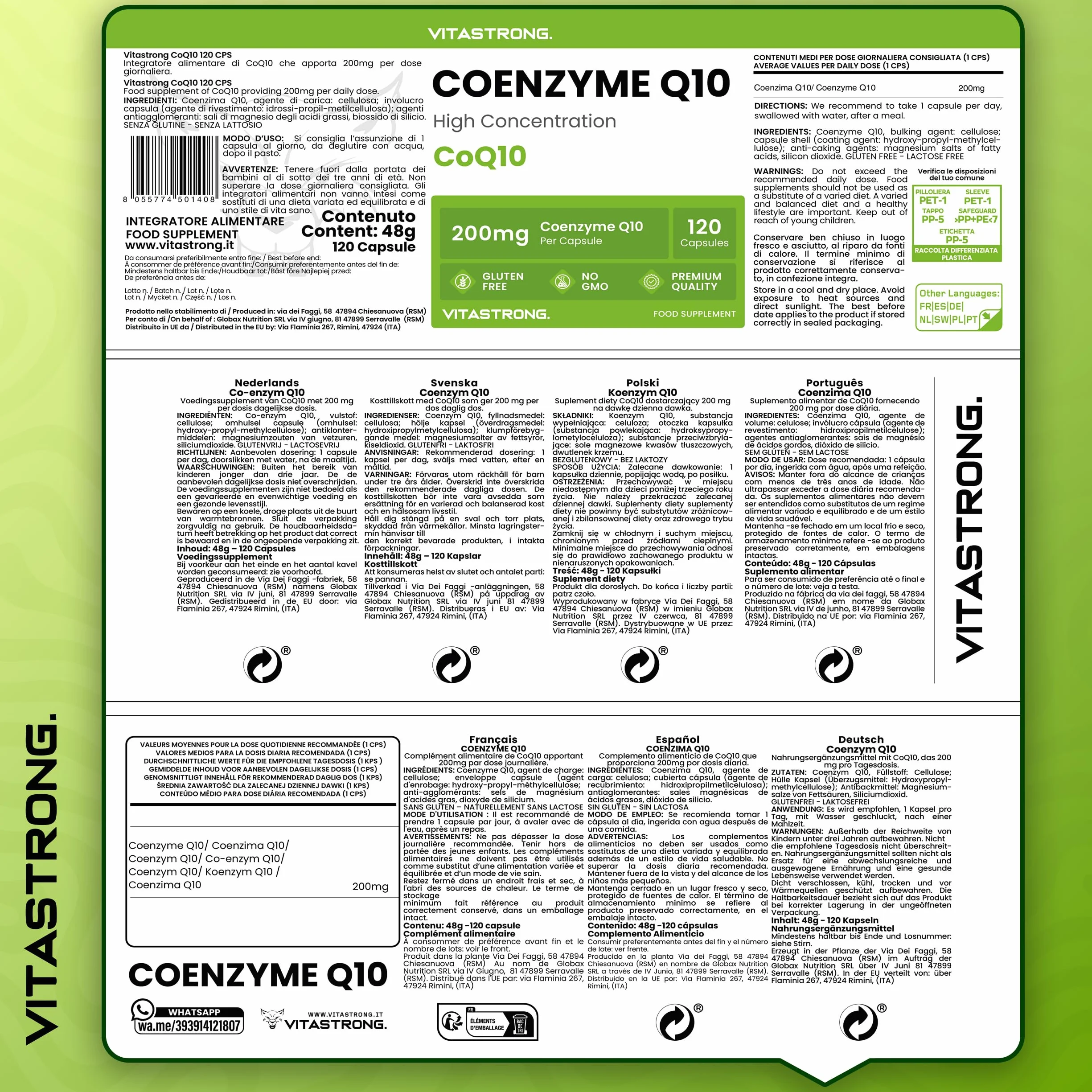 Coenzima Q10 200mg Alto Dosaggio, 1 Capsula al Giorno per 4 Mesi, 120 Capsule CoQ10 200mg Ognuna, Q10 Coenzima Premium Quality, Senza Glutine né OGM, Integratore Made in Italy Certificato