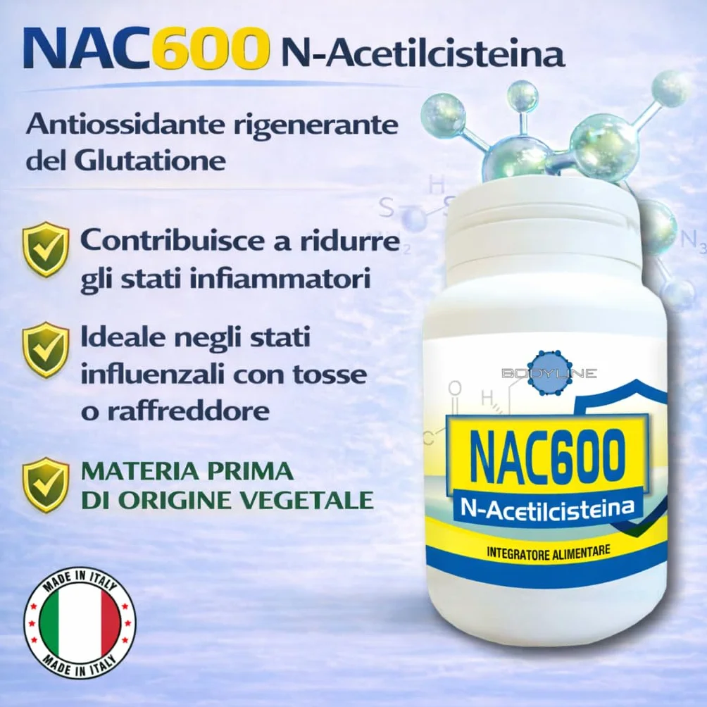 BodyLine Nac-600 N-Acetilcisteina 60 Capsule di Origine Vegetale - Precursore del Glutatione, Antinfiammatorio, Antiossidante, Mucolitico
