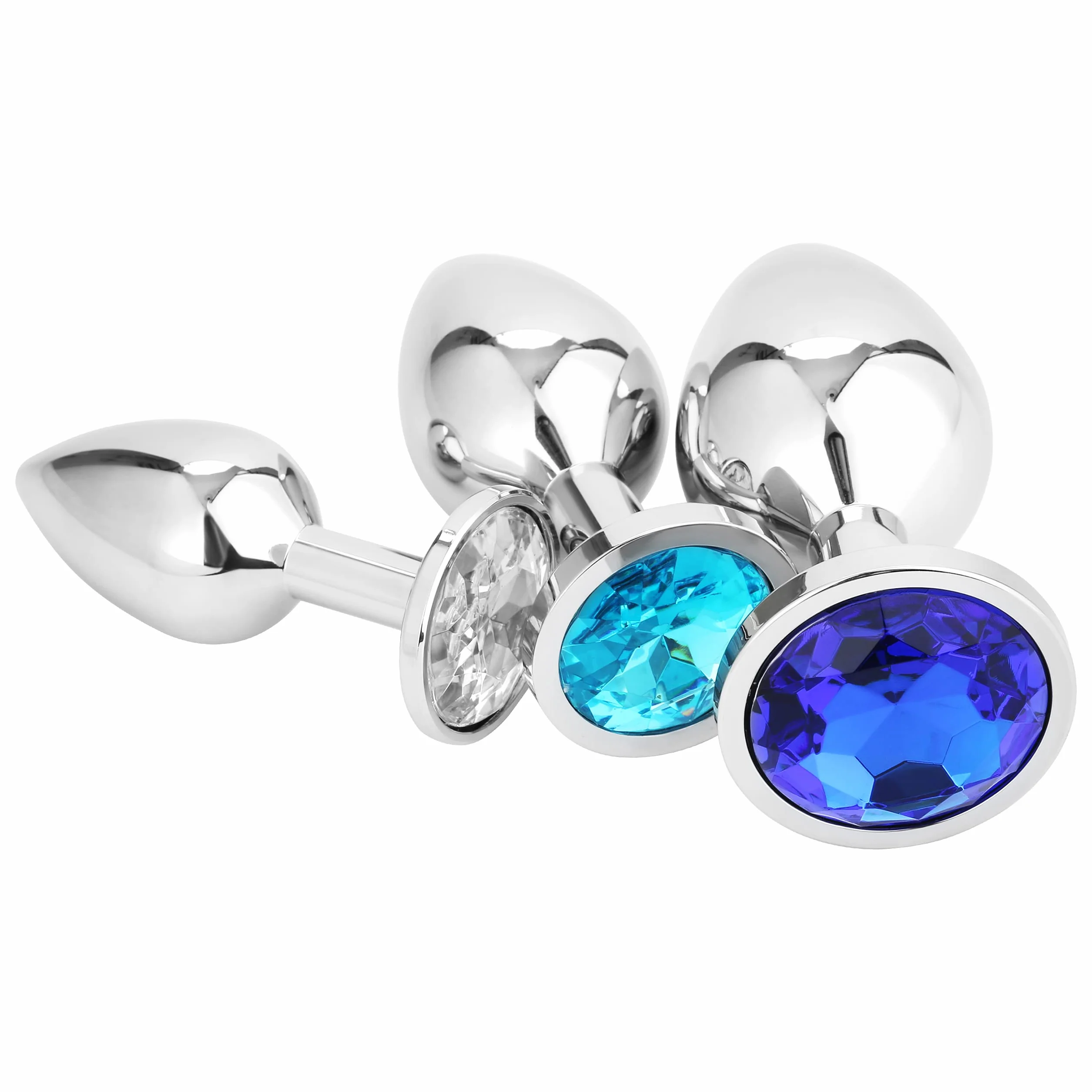 3x Plug Anale Metallo | Butt Plug Cristallo Blu | Puro Piacere in 3 Taglie per Donna, Coppia, Uomo | Giocattoli Anali Argento