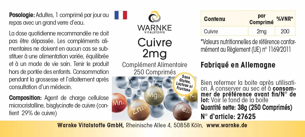 Rame 2mg - 250 compresse, ciascuna contenente 2mg - Bisglicinato di rame - ALTO DOSAGGIO - Qualità farmaceutica tedesca - vegano | Warnke Vitalstoffe