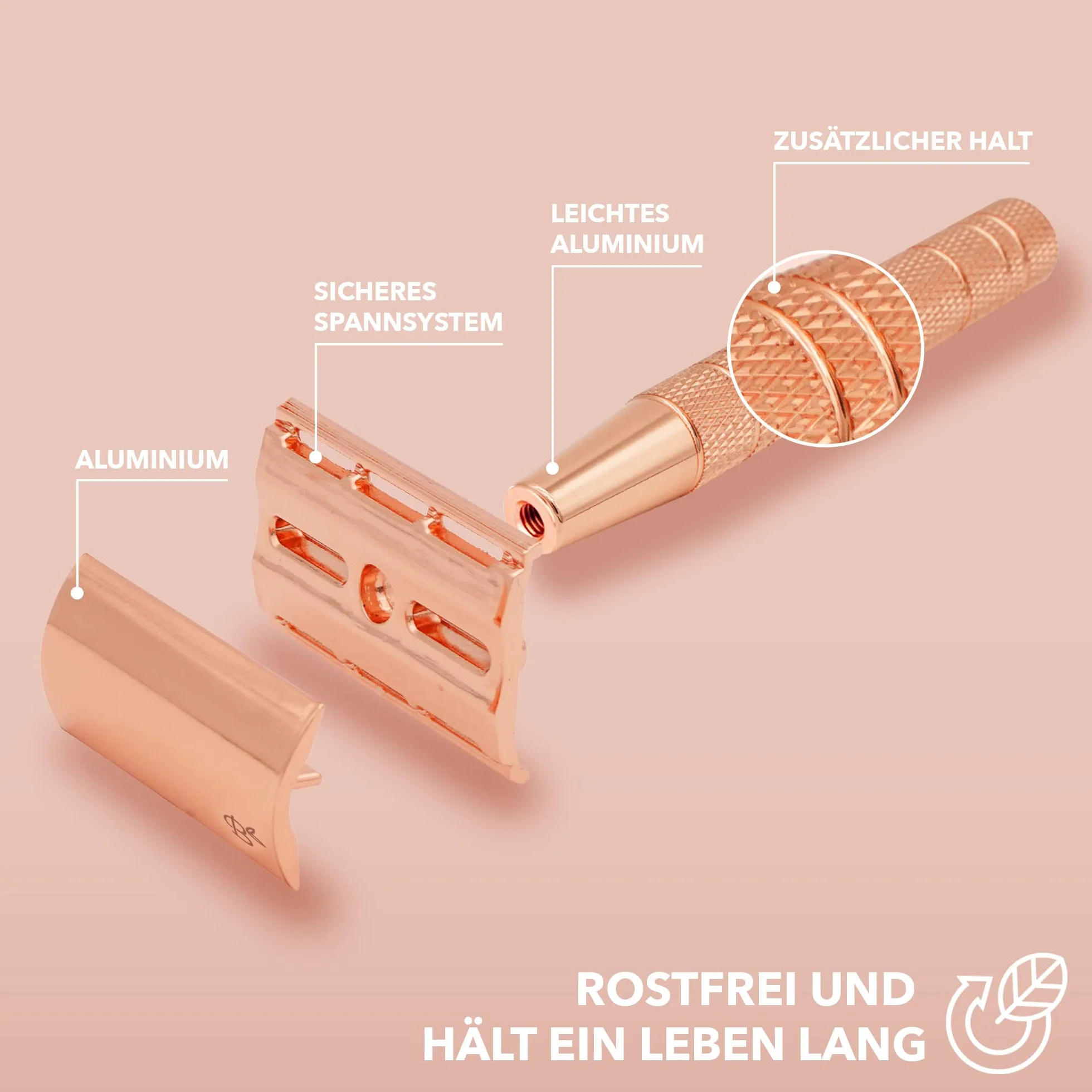 Bamboozy Rasoio di Sicurezza con 20 Lame, Alluminio Oro Rosa - Zero Rifiuti e Senza Plastica - Rasoio a Doppio Filo per Rasatura Bagnata