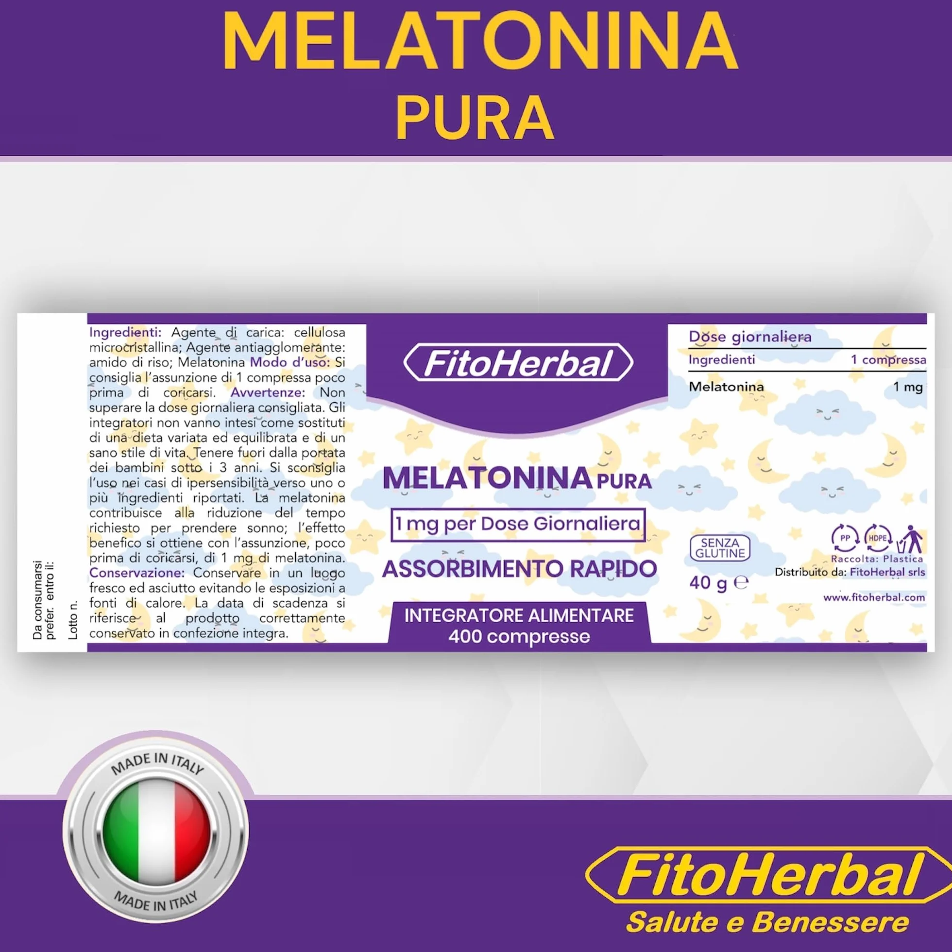 FitoHerbal Melatonina Pura Forte 1 mg 400 Mini Compresse Integratore per Dormire Sonno Naturale
