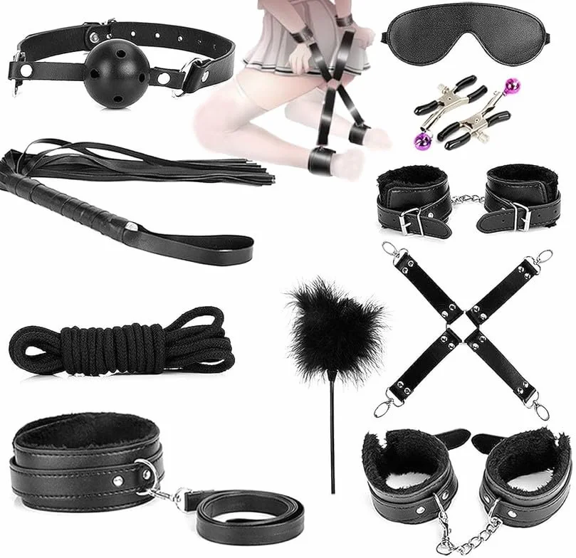 Sex Bondage Kit 10 Pezzi Pelle Nera Regolabile con Manette e Piuma Bastone