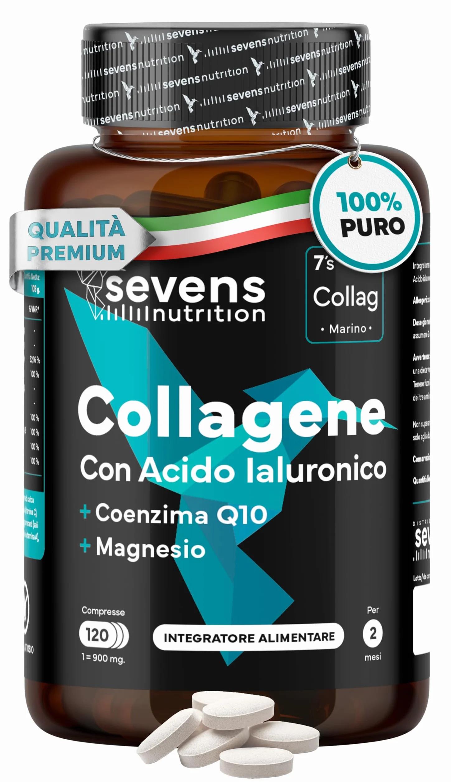 Collagene Marino con Acido Ialuronico Idrolizzato Puro - Integratore 120 Capsule – Pelle, Ossa e Articolazioni – Sevens