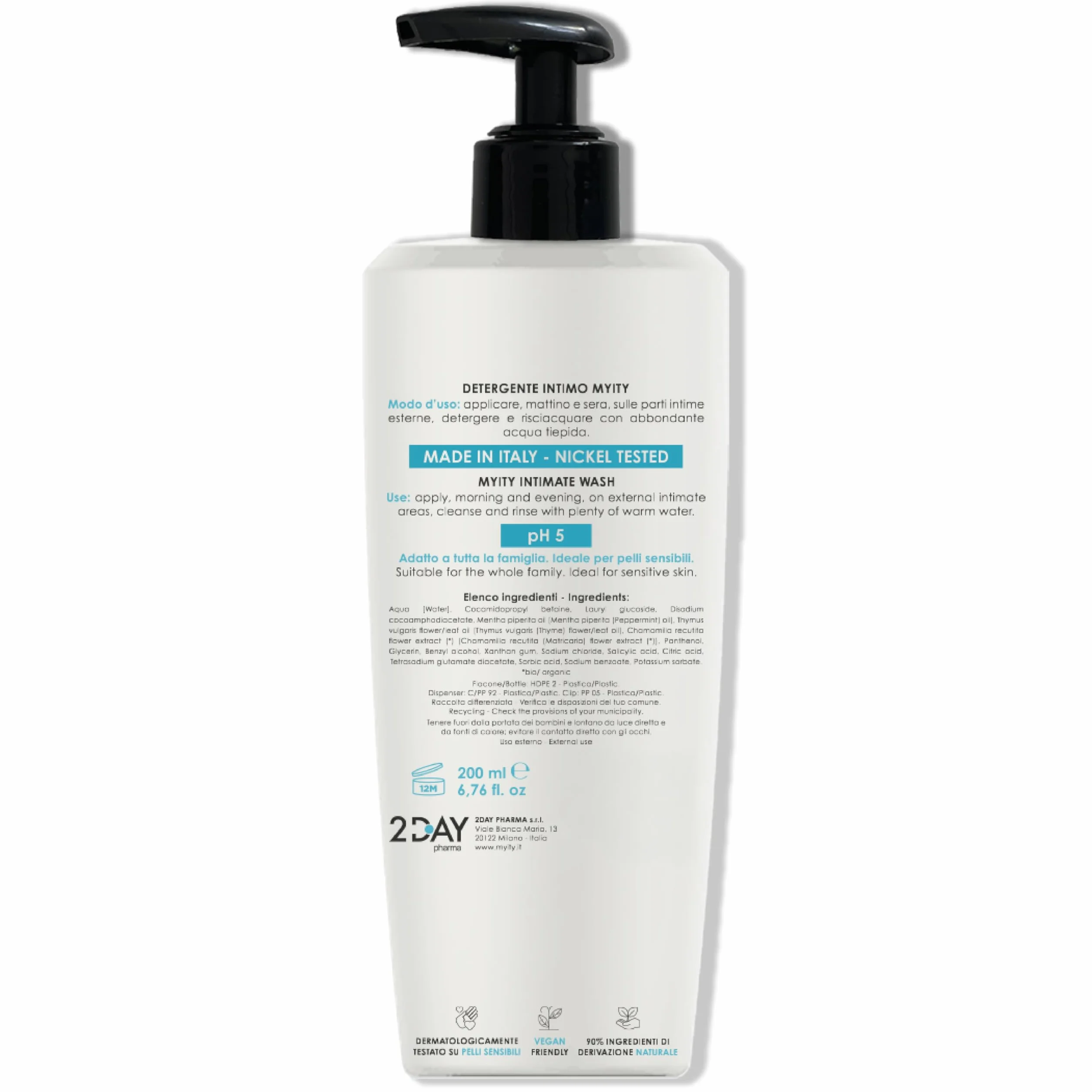 Detergente Intimo Myity pH 5 per Pelli Sensibili - Antibatterico, Rinfrescante, Senza Profumo, Vegano