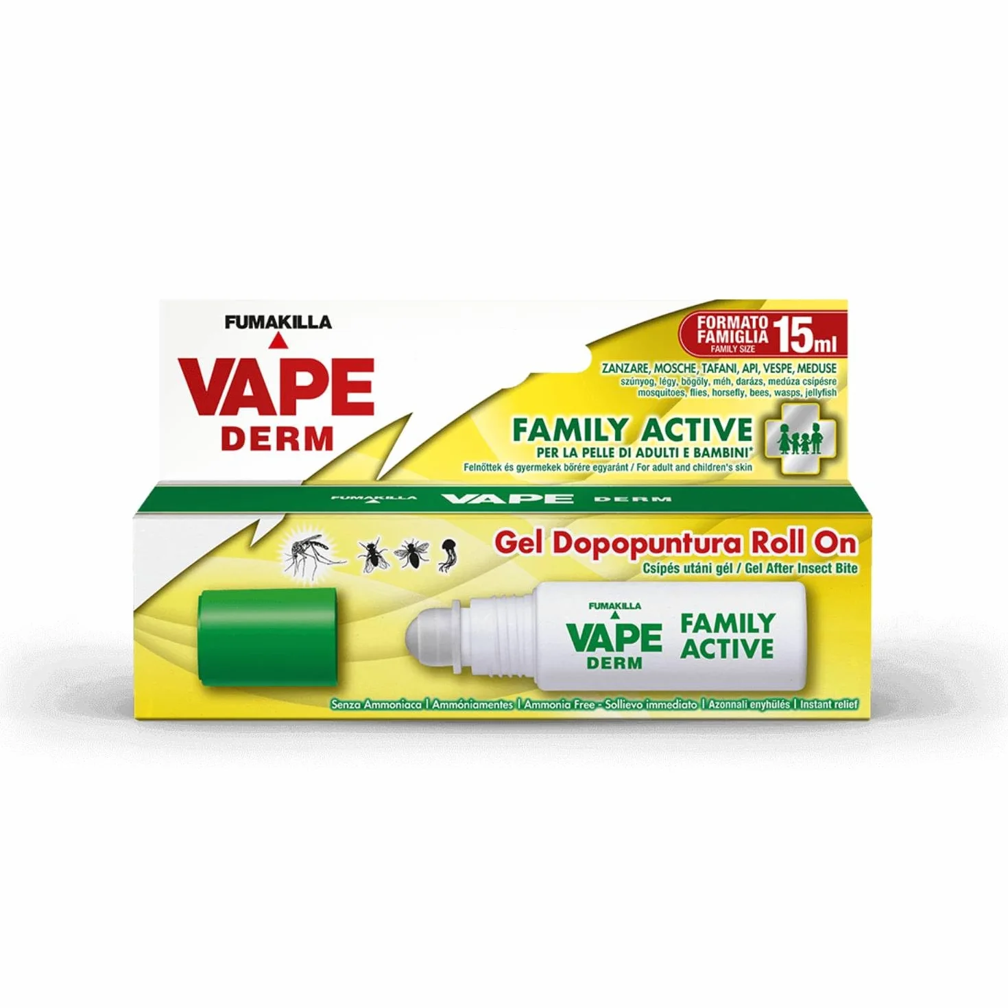 Vape Derm Family Active Gel Dopopuntura Roll On 15 ml, Sollievo Punture Insetti, Lenitivo Naturale, Senza Ammoniaca, Per Adulti e Bambini, Azione Rapida (1)