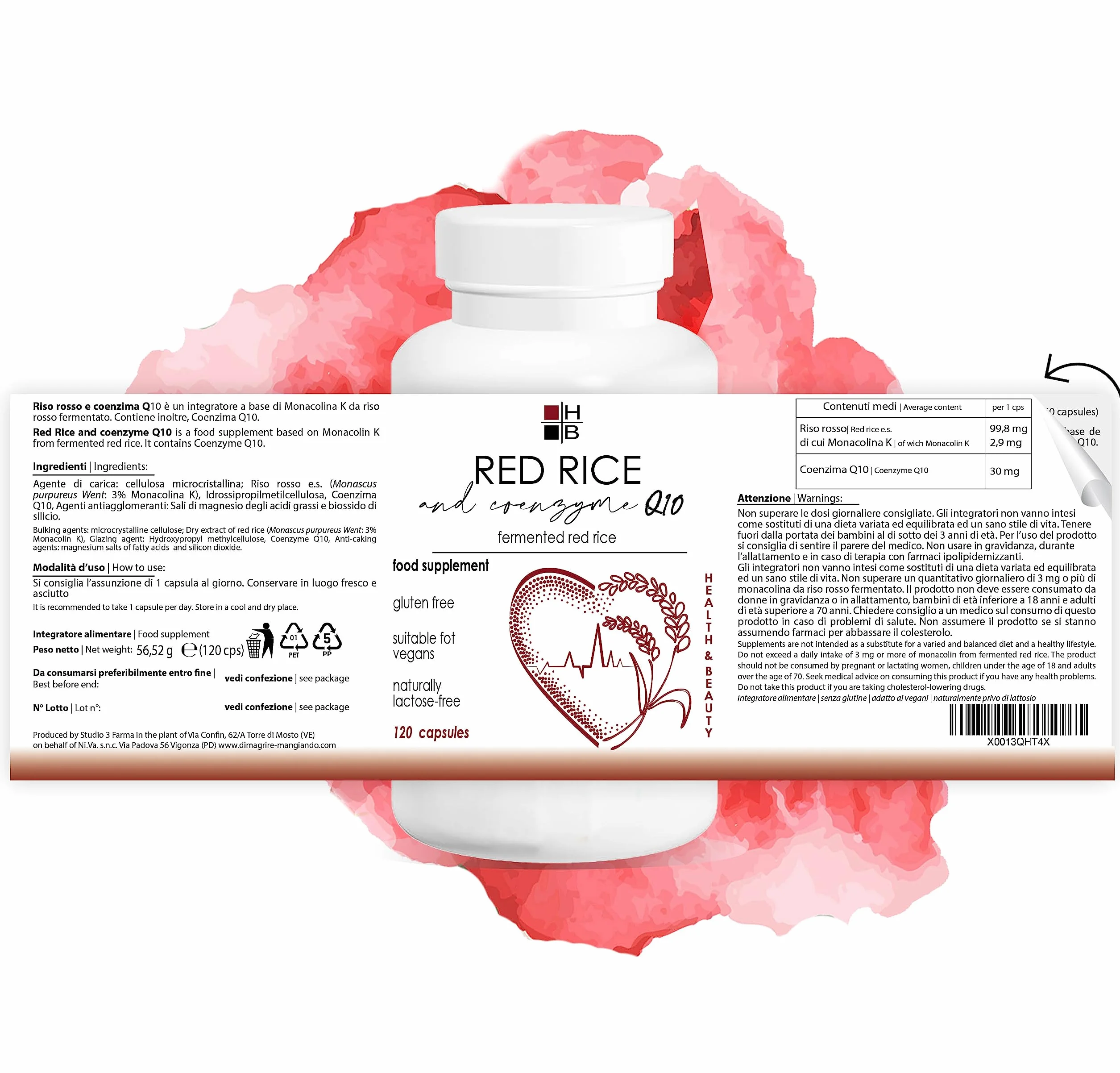 RISO ROSSO e COENZIMA Q10 HB | 120 capsule | riso rosso fermentato | con VITAMINA Q10 | Prodotto Italiano