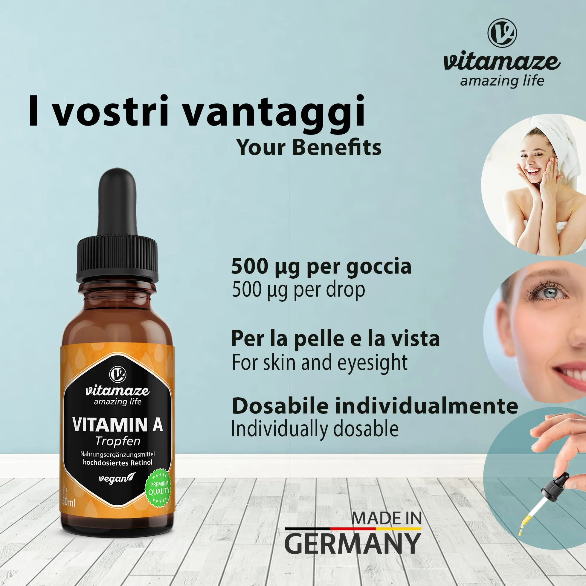 Vitamina A Gocce 5000 UI ad Alto Dosaggio per Dose Giornaliera, Retinolo Vegano & Liquido, 50 ml (1700 Gocce), Alta Biodisponibilità, Integratore Alimentare Naturale & Pura, senza Additivi
