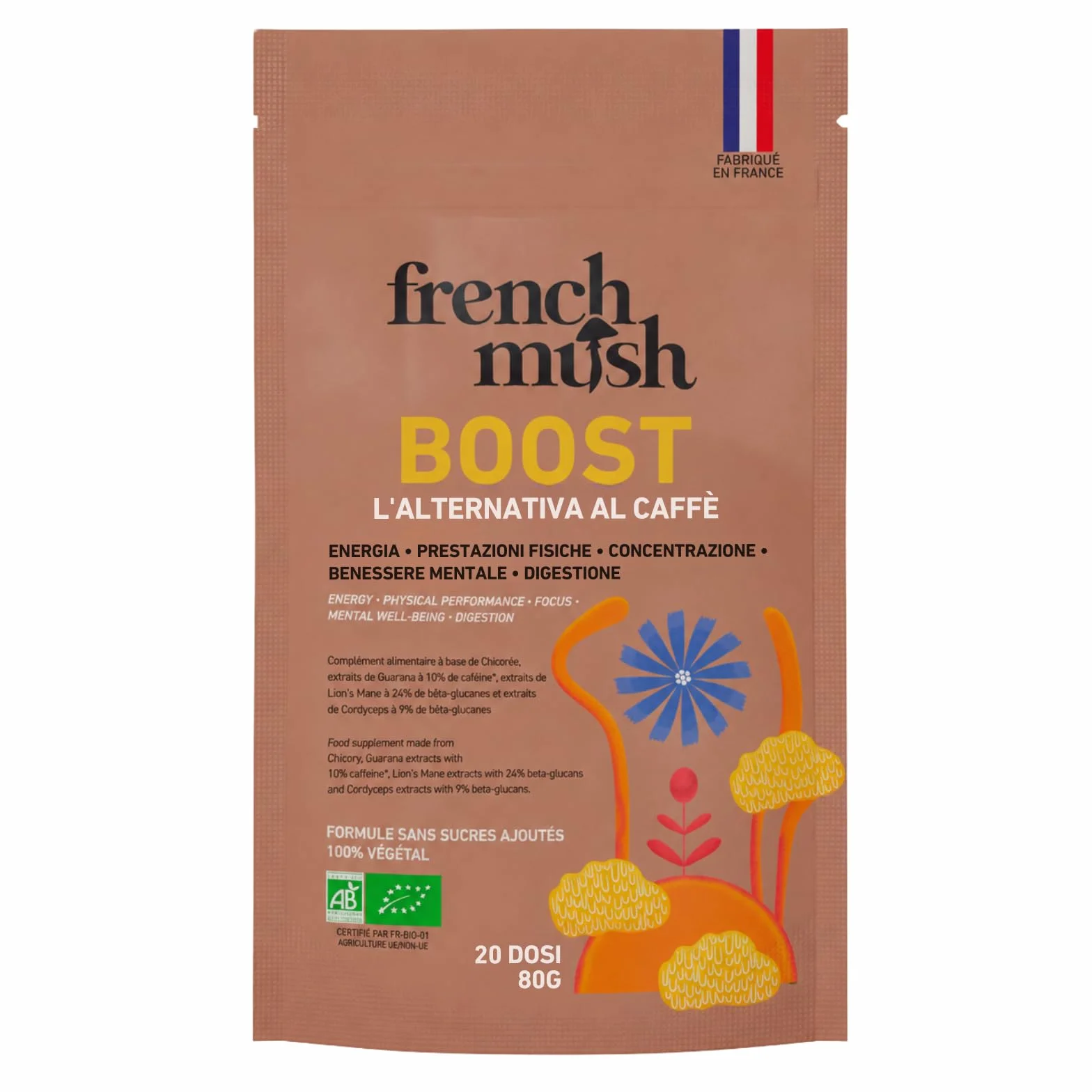French Mush BOOST - Alternativa al caffè ai funghi adattogeni biologici: Lion's Mane & Cordyceps - Focus, Energia & Digestione - Vegano - Made in France - 20 dosi