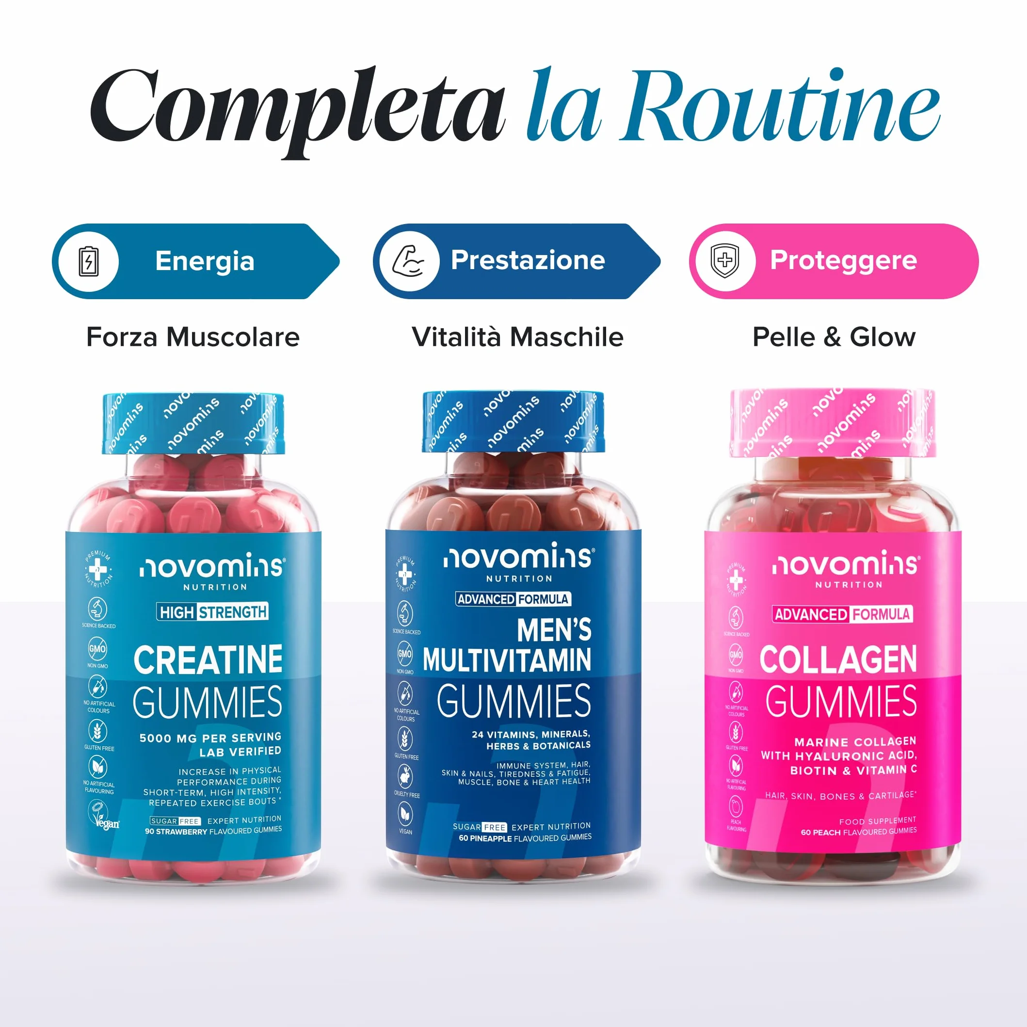 Creatina Monoidrata Gommose – 5000 mg per Porzione ad Alta Forza – Aumenta le Prestazioni Fisiche – Alternativa a Polvere, Compresse e Capsule – Vegana, Gusto Fragola – 90 Gommose – Novomins