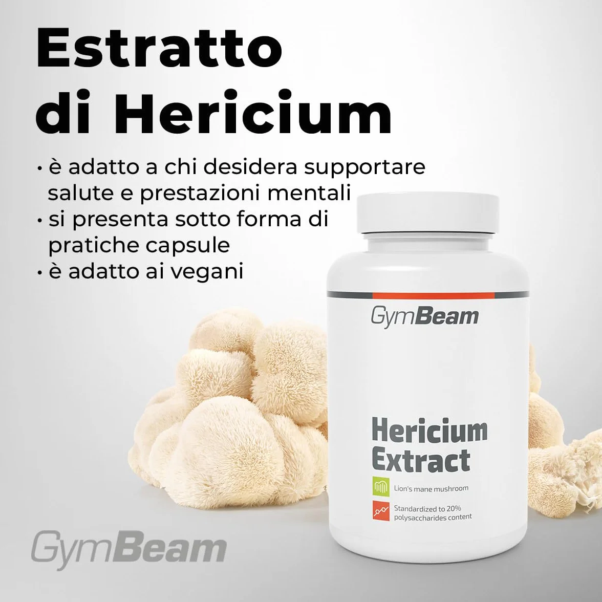 GymBeam Estratto di Hericium (Criniera di Leone), Fungo di Criniera, Hericium Erinaceus, Lions Mane, Nootropico per Memoria e Concentrazione, 20% Polisaccaridi, Capsule Vegane