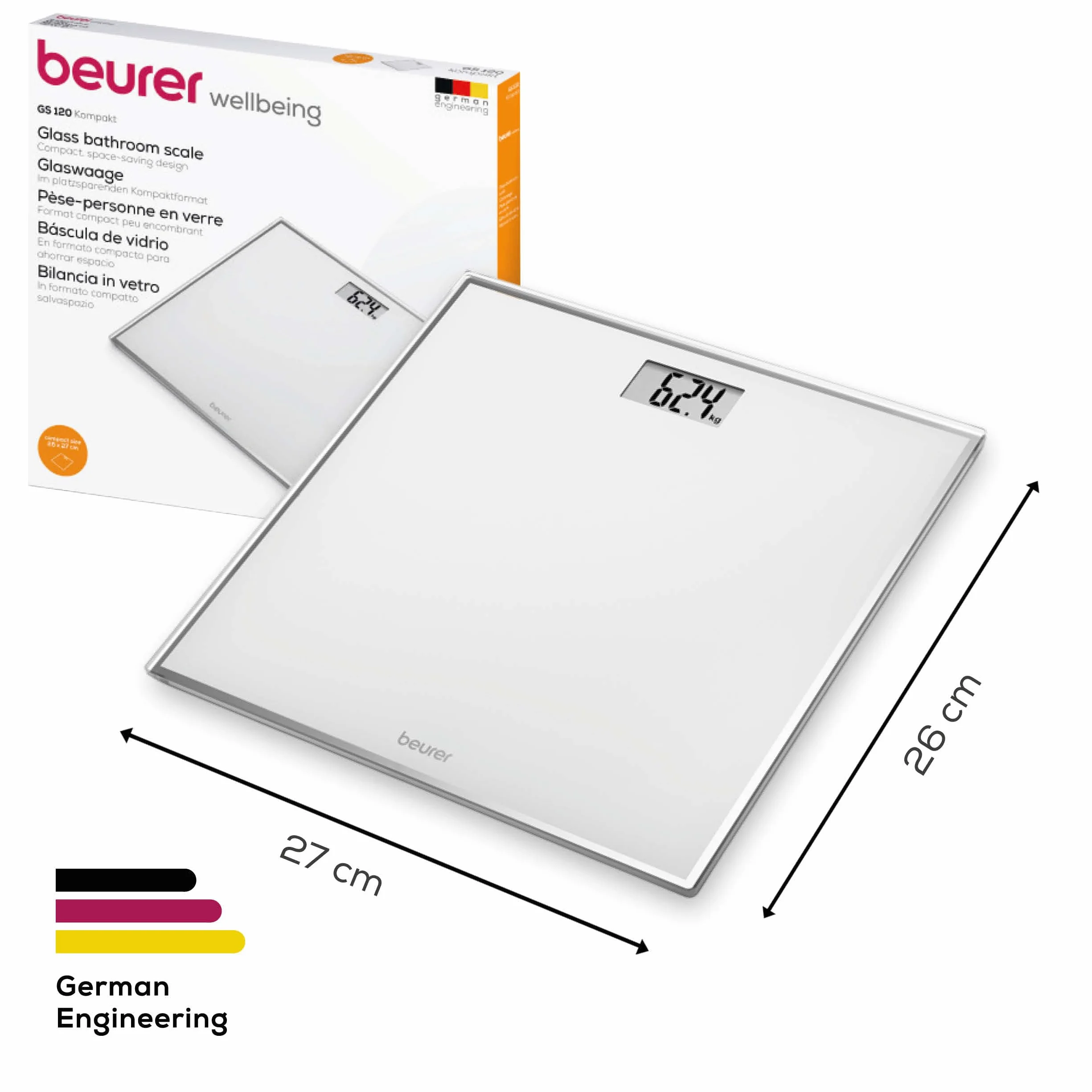 Beurer GS 120 Bilancia Digitale Compatta in Vetro, Display LCD, Portata 150 kg, 27x26 cm, Graduazione 100 g