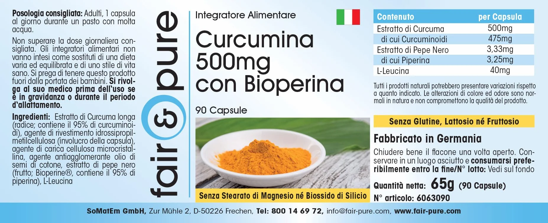 Fair & Pure Curcuma Capsule con Pepe Nero Curcumina 500mg 95% Piperina Vegano 90 Capsule