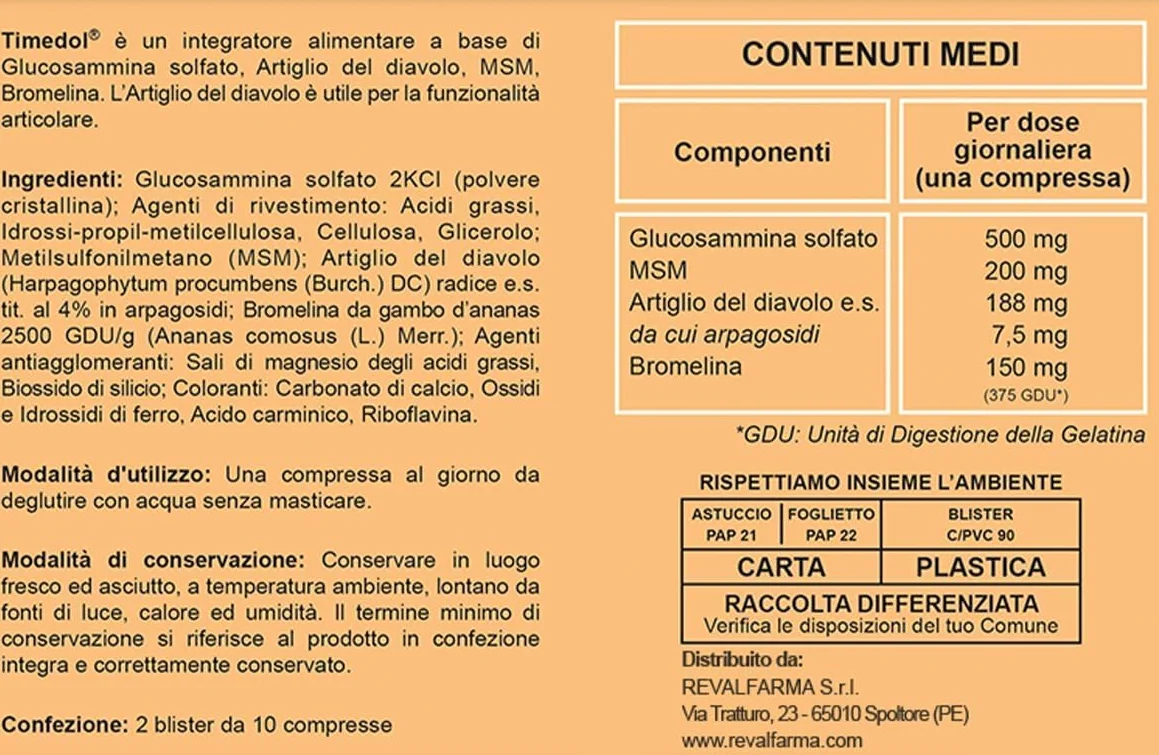 Timedol Integratore Alimentare A Base Di Glucosammina Solfato e Artiglio del Diavolo - Compresse