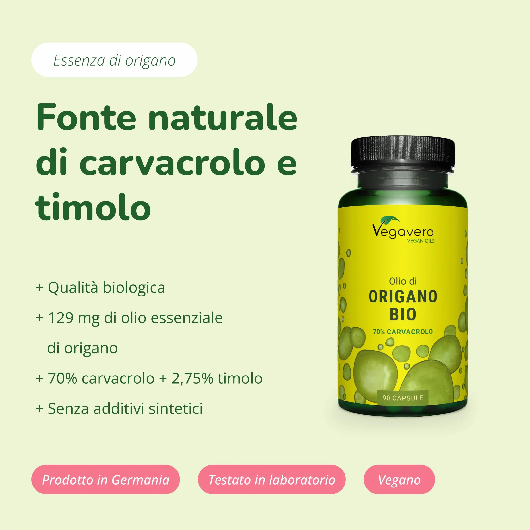 Olio di ORIGANO BIO Vegavero® 70% Carvacrolo 2,5% Timolo 90 capsule Vegan