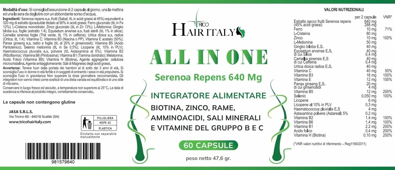 Integratore Capelli con Serenoa Repens, Biotina, Zinco, Selenio, Saw Palmetto e Caffeina - Multivitaminico per la Crescita e Contro la Caduta