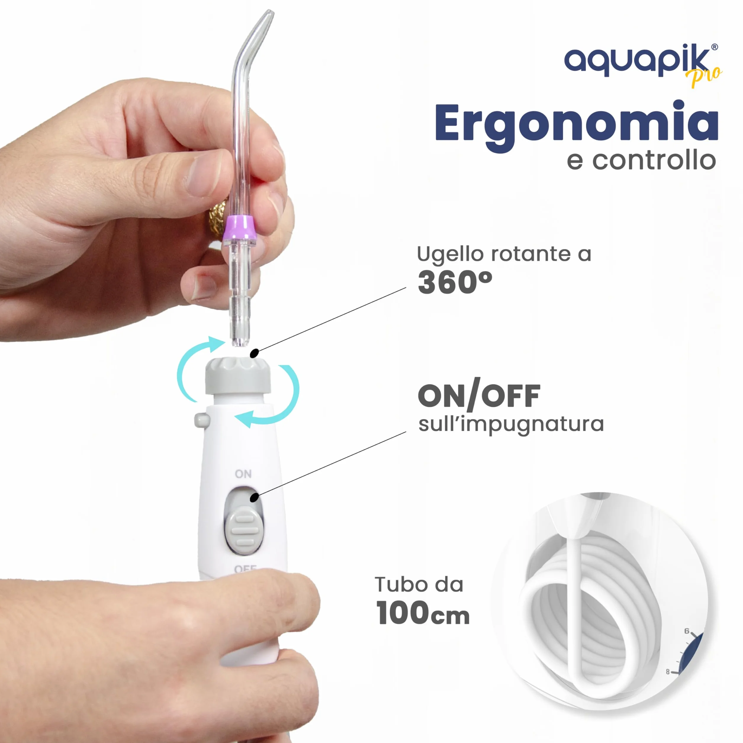 Aquapik PRO Idropulsore Dentale da Tavolo, Irrigatore Orale 600 ml con 8 Ugelli e 10 Livelli di Pressione, Ugello Rotante 360°, per Pulizia Interdentale, Apparecchi e Impianti, Bianco