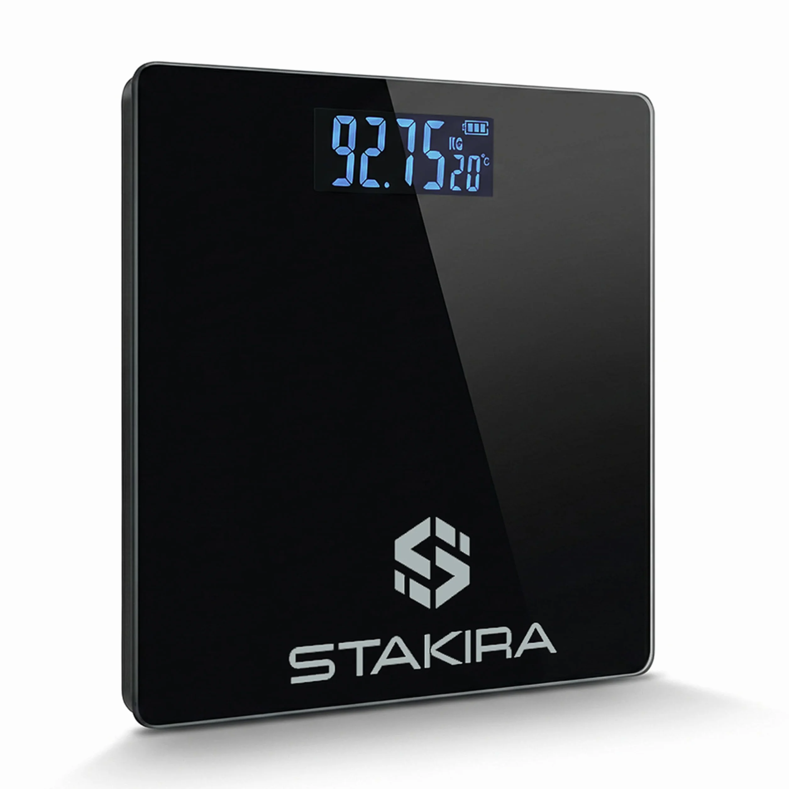 Bilancia Pesapersone Digitale STAKIRA 180 kg 0.1 kg USB Ricaricabile Display LCD Vetro Temperato Nero Temperatura Integrata 26x26 cm