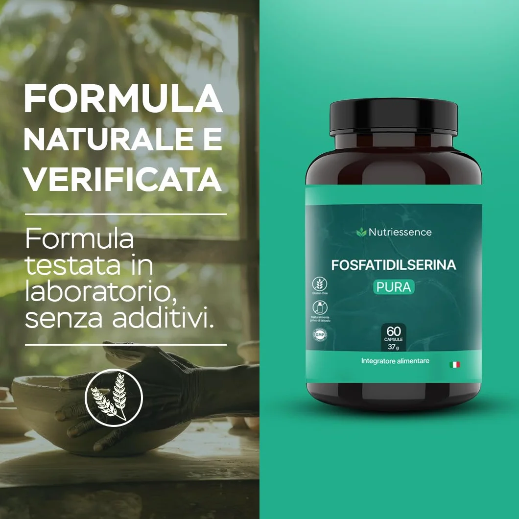 Fosfatidilserina 500 mg | Maxi Dosaggio Formato 60 Capsule | 2 Mesi di Rifornimento | Con Vitamine B1, B3, B9 e B12 | Migliora Memoria, Concentrazione e Focus Mentale |Senza Glutine e Lattosio