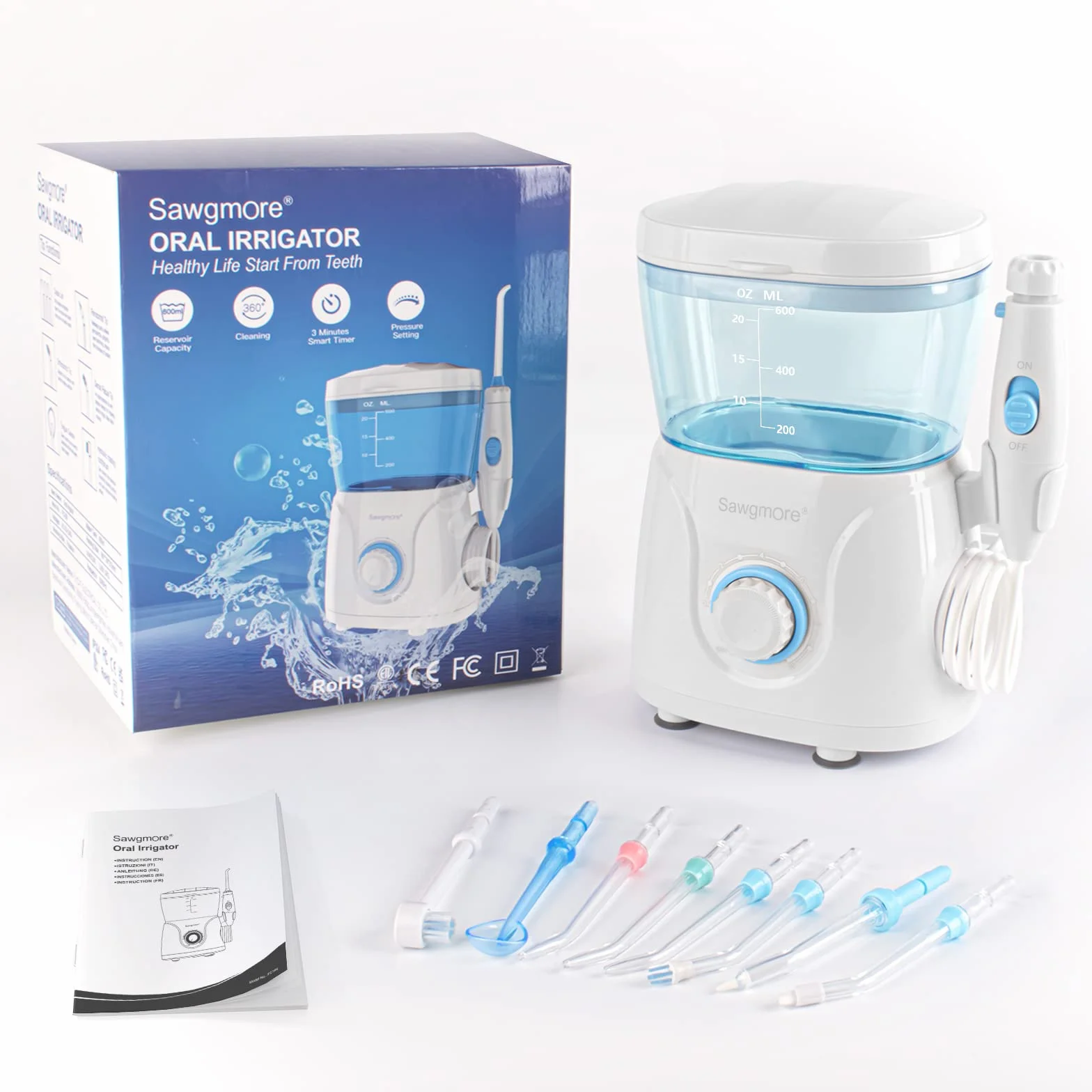 Sawgmore Idropulsore Dentale, irrigatore orale professionale con 8 ugelli multifunzionali, 10 impostazioni di pressione dell'acqua, capacità 600 ml, per Cura Famiglia e Cura Dentale