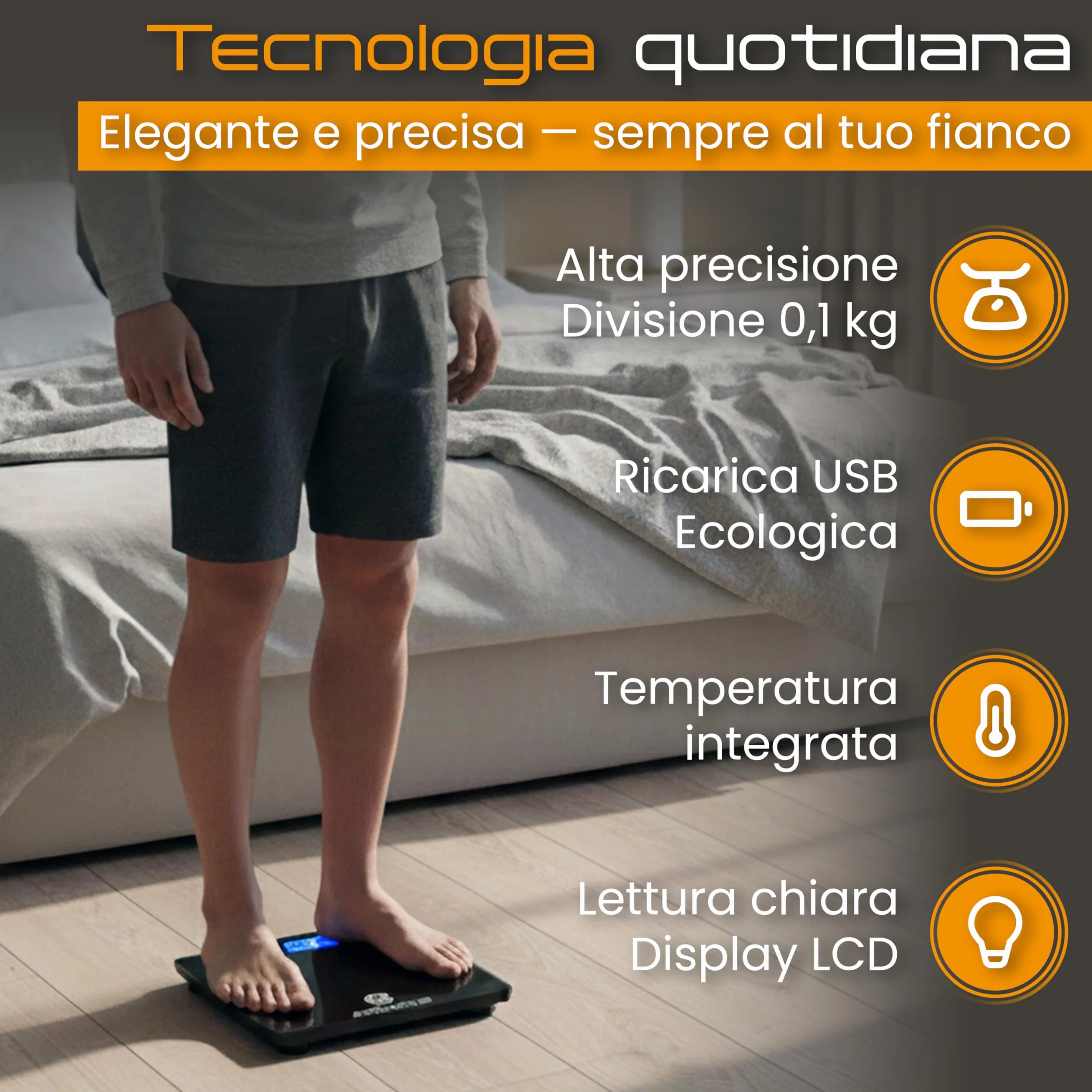 Bilancia Pesapersone Digitale STAKIRA 180 kg 0.1 kg USB Ricaricabile Display LCD Vetro Temperato Nero Temperatura Integrata 26x26 cm