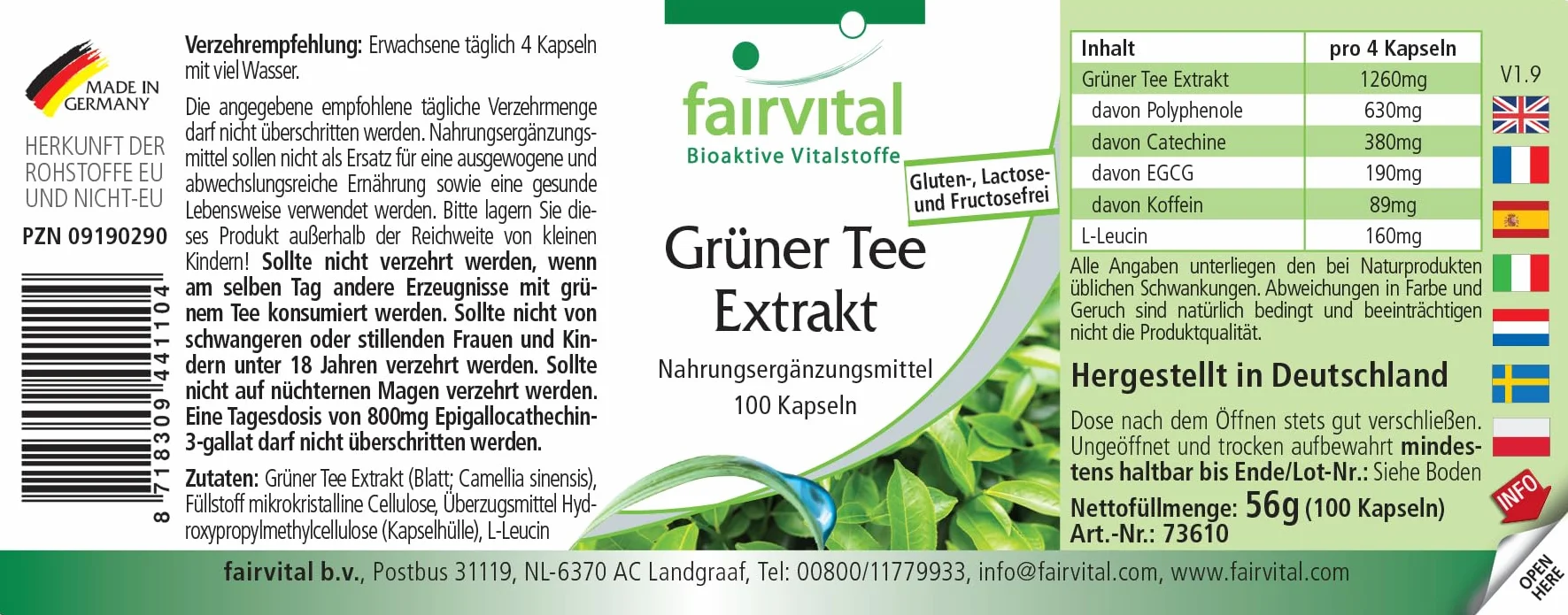 fairvital Estratto di tè verde, 100 capsule, facili da deglutire, polifenoli, catechine, EGCG e caffeina, ALTO DOSAGGIO, VEGANO, Camellia sinensis