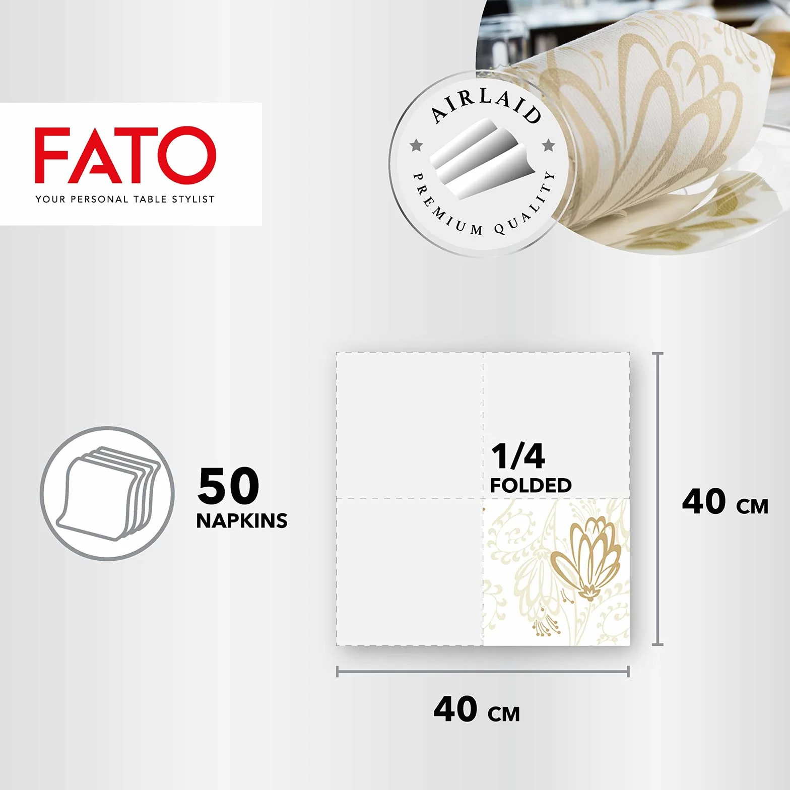 Fato, Tovaglioli in Carta a secco, Airlaid, Effetto Tessuto, Confezione da 100 tovaglioli, Formato 40x40 piegato in 4, Decoro Boulevard