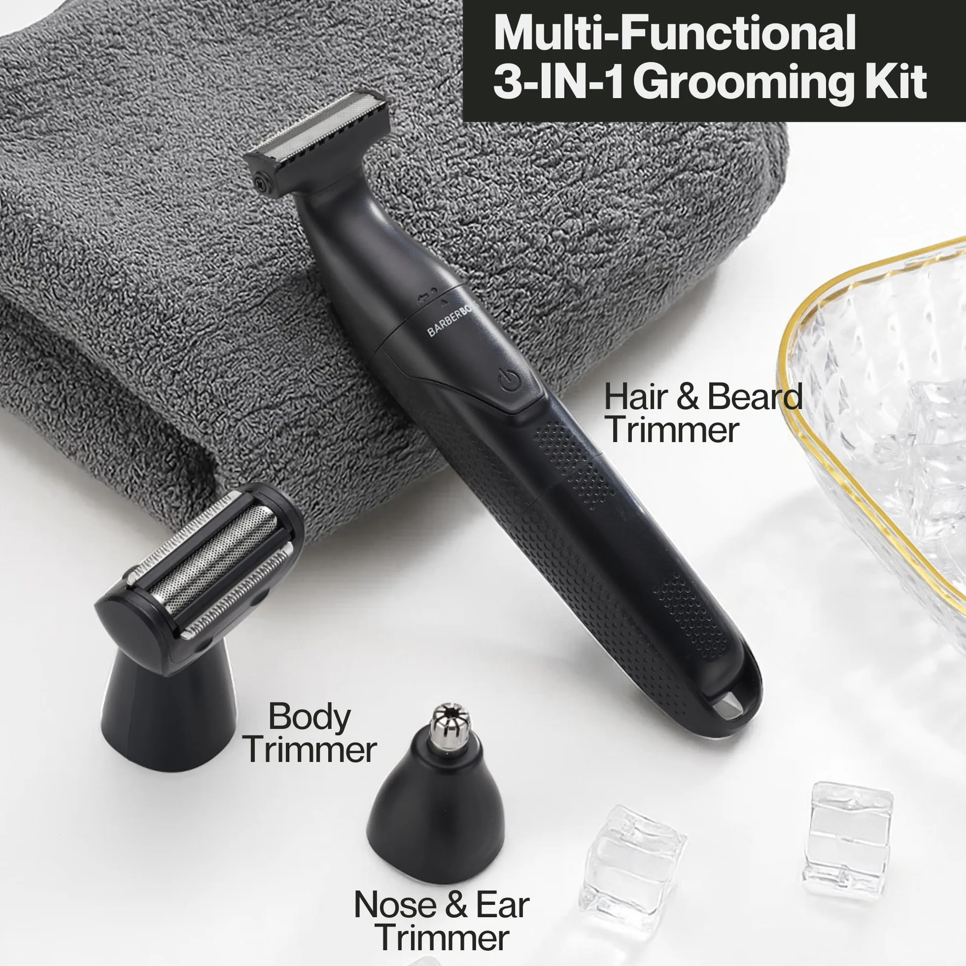 BarberBoss Set per la toelettatura dei dettagli, 3 in 1, per uomo, barba, parrucchiere, body groomer, trimmer naso e orecchie, rasoio senza fili con ricarica USB (Nero)