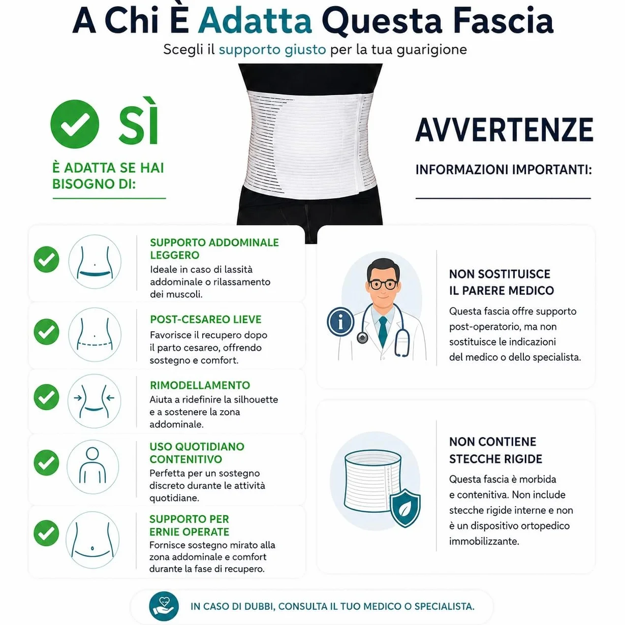 Fascia addominale Post operatoria Unisex contenitiva parto operazione Allevia mal di schiena chiusura a strappo regolabile H 28 Bianco L