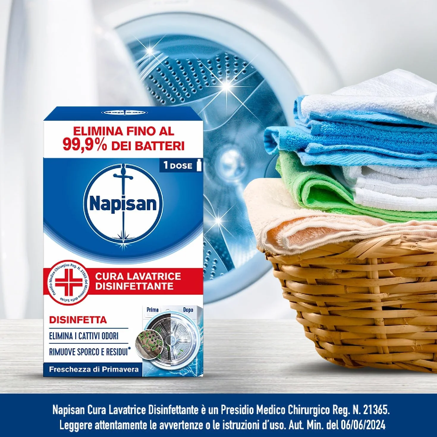 Napisan Cura Lavatrice Disinfettante Freschezza di Primavera, Elimina i Cattivi Odori, Rimuove Sporco e Residui di Sapone, Confezione da 250ml