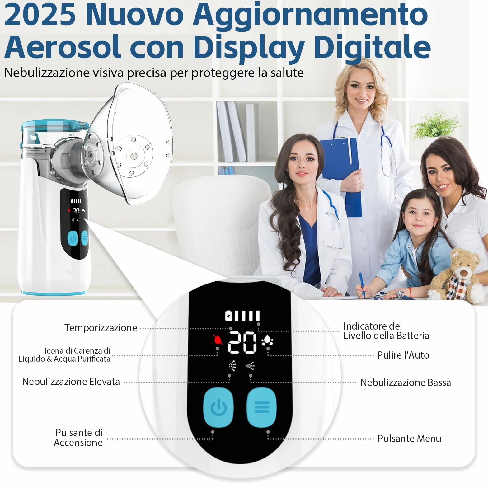 Aerosol Portatile Silenzioso Ricaricabile Ultrasuoni con 2 Maschere e Boccaglio