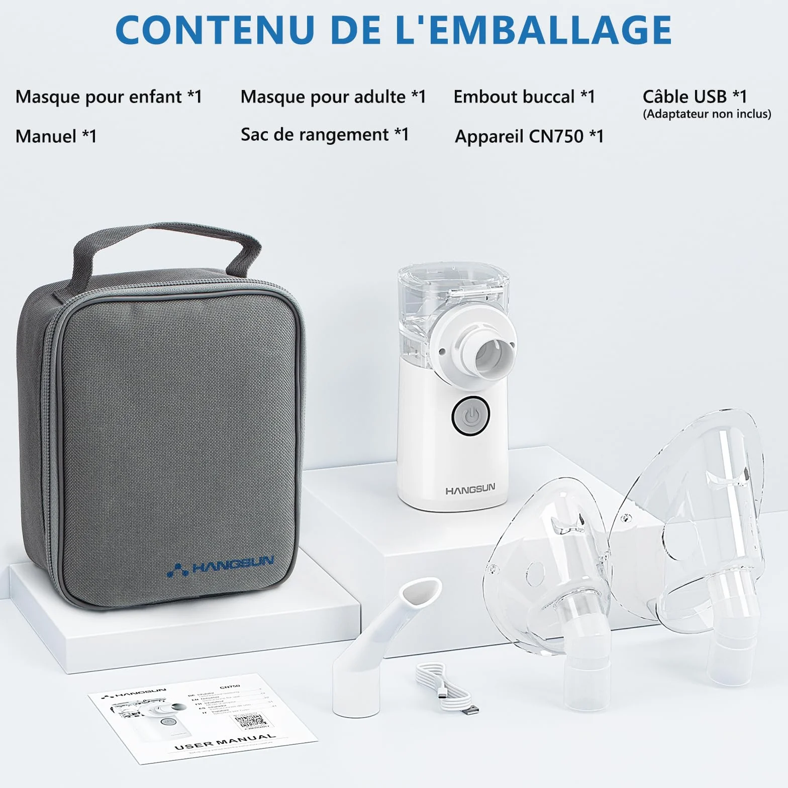 Hangsun Aerosol Portatile Ultrasuoni Silenzioso per Adulti e Bambini Nebula Mesh con Borsa Stoccaggio Batteria USB