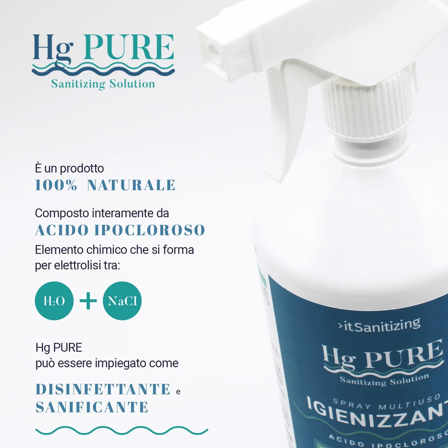 Hg PURE, Spray Igienizzante Multiuso, Acido Ipocloroso, Rimuove Virus e Batteri, Per Mani, Alimenti, Superfici, Naturale, Ipoallergenico, Eco-friendly, No alcool (2)