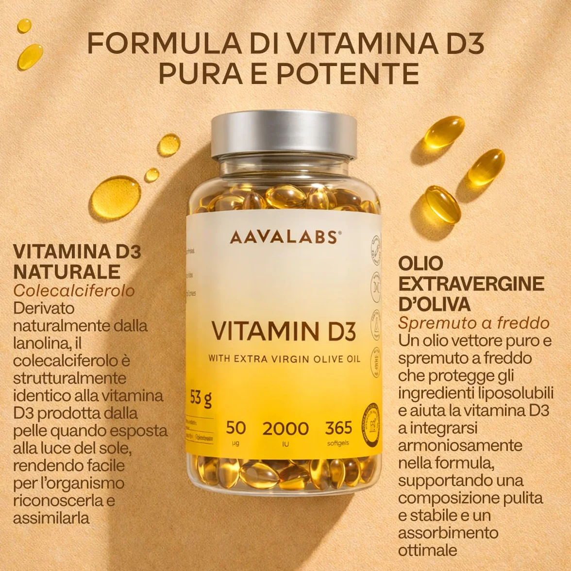 Vitamina D3 2000 UI [Fornitura di 1 Anno] - Integratore Vitamina D 2000 UI con Olio EVO per assorbimento ottimale - Non OGM - Contribuisce alla funzione ossea, muscolare e immunitaria - 365 Capsule