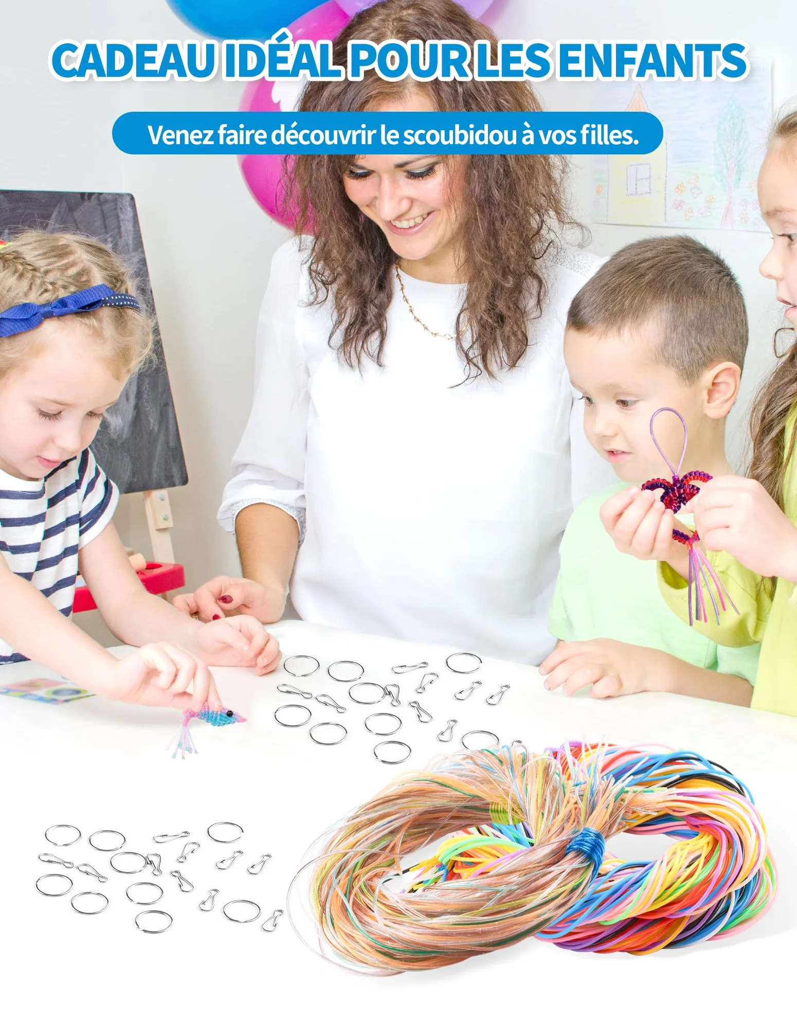 SOSALUK Scoubidou DOO - 200 nastri con paillettes e classici Scoobydoo per il fai da te, per bracciali, collane, portachiavi, set con portachiavi e ganci, regalo per ragazze