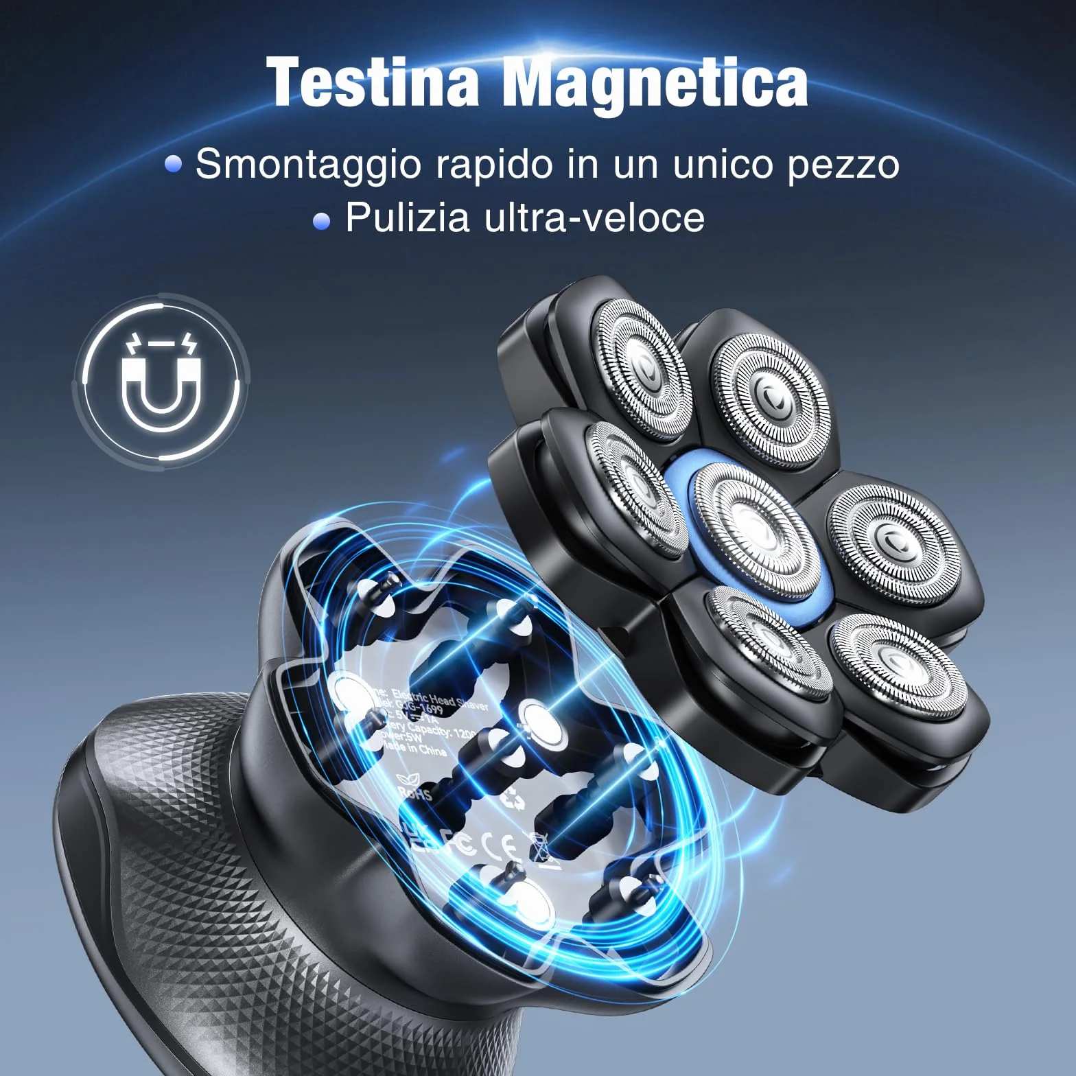 Kensen Rasoio Zero Assoluto 2 Velocità 7D Impermeabile Cordless 100 Minuti Display LED USB-C Nero Uomo