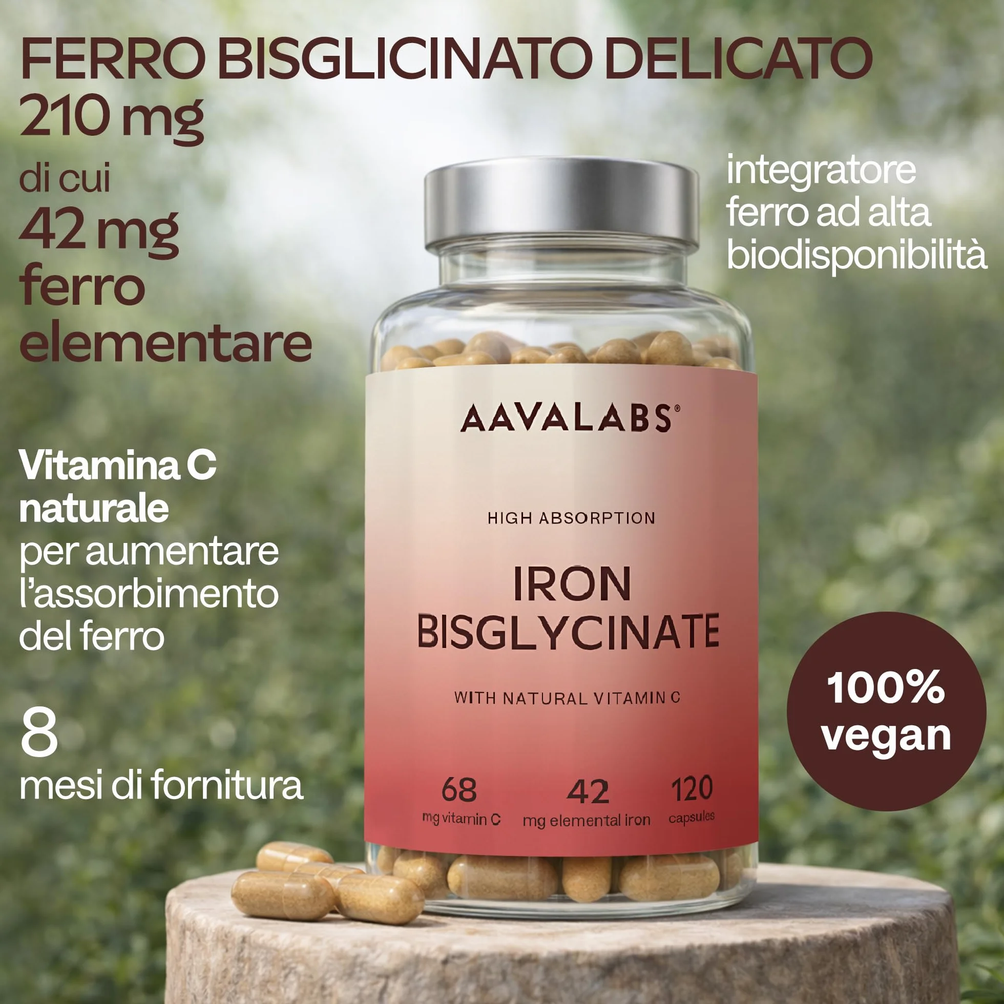 Integratore Ferro e Vitamina C Naturale - Ferro Bisglicinato 42mg Integratori Stanchezza Fisica e Mentale, Globuli Rossi, Sistema Immunitario - Ferro Integratore Forte Alto Assorbimento - 120 Capsule